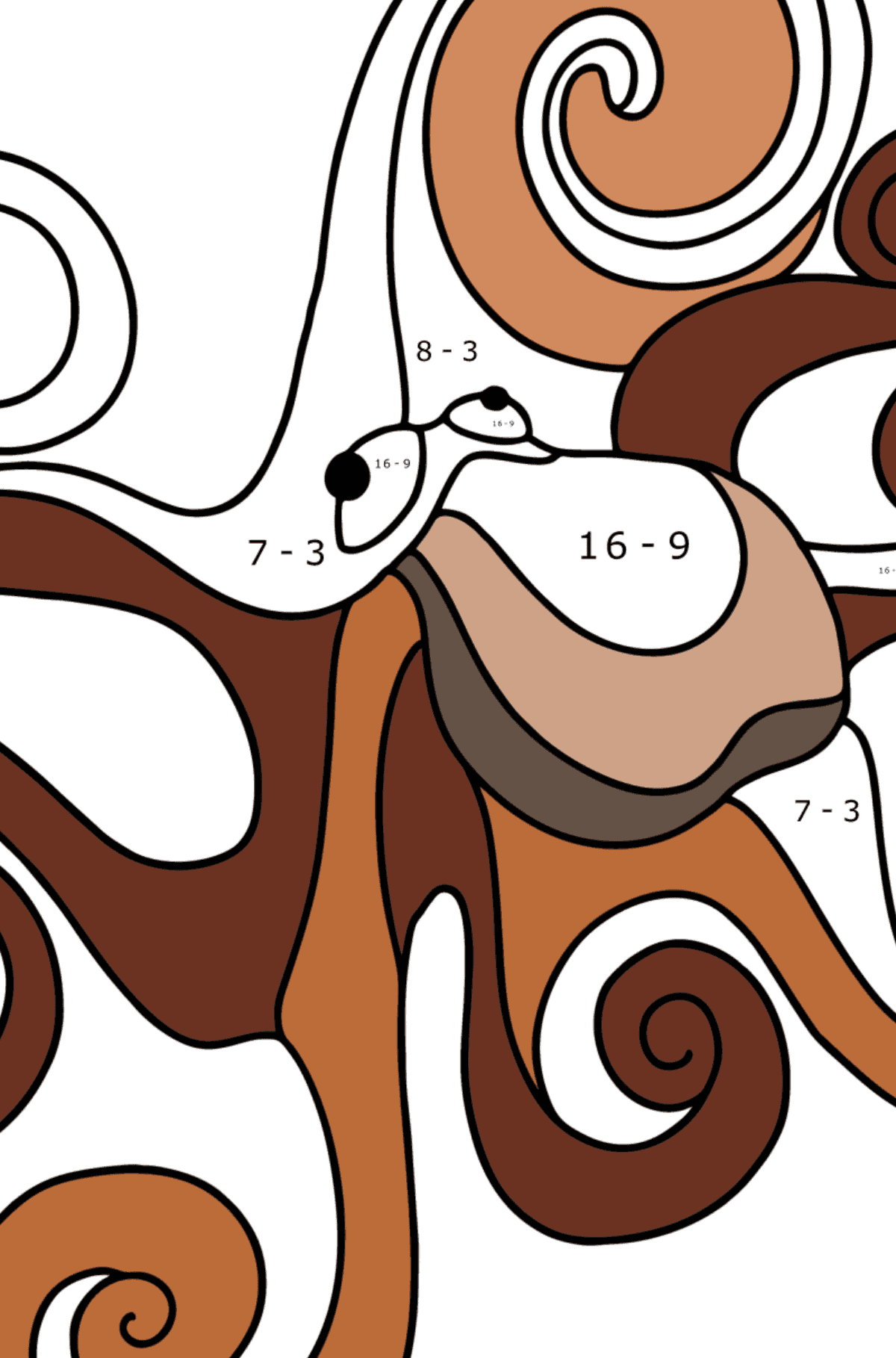 Ausmalbild Gewöhnlicher Oktopus - Mathe Ausmalbilder - Subtraktion für Kinder