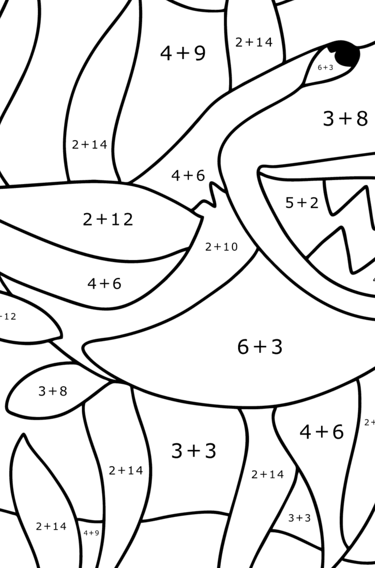 Värityskuva Hai - Matemaattinen Väritys - Yhteenlasku lapsille