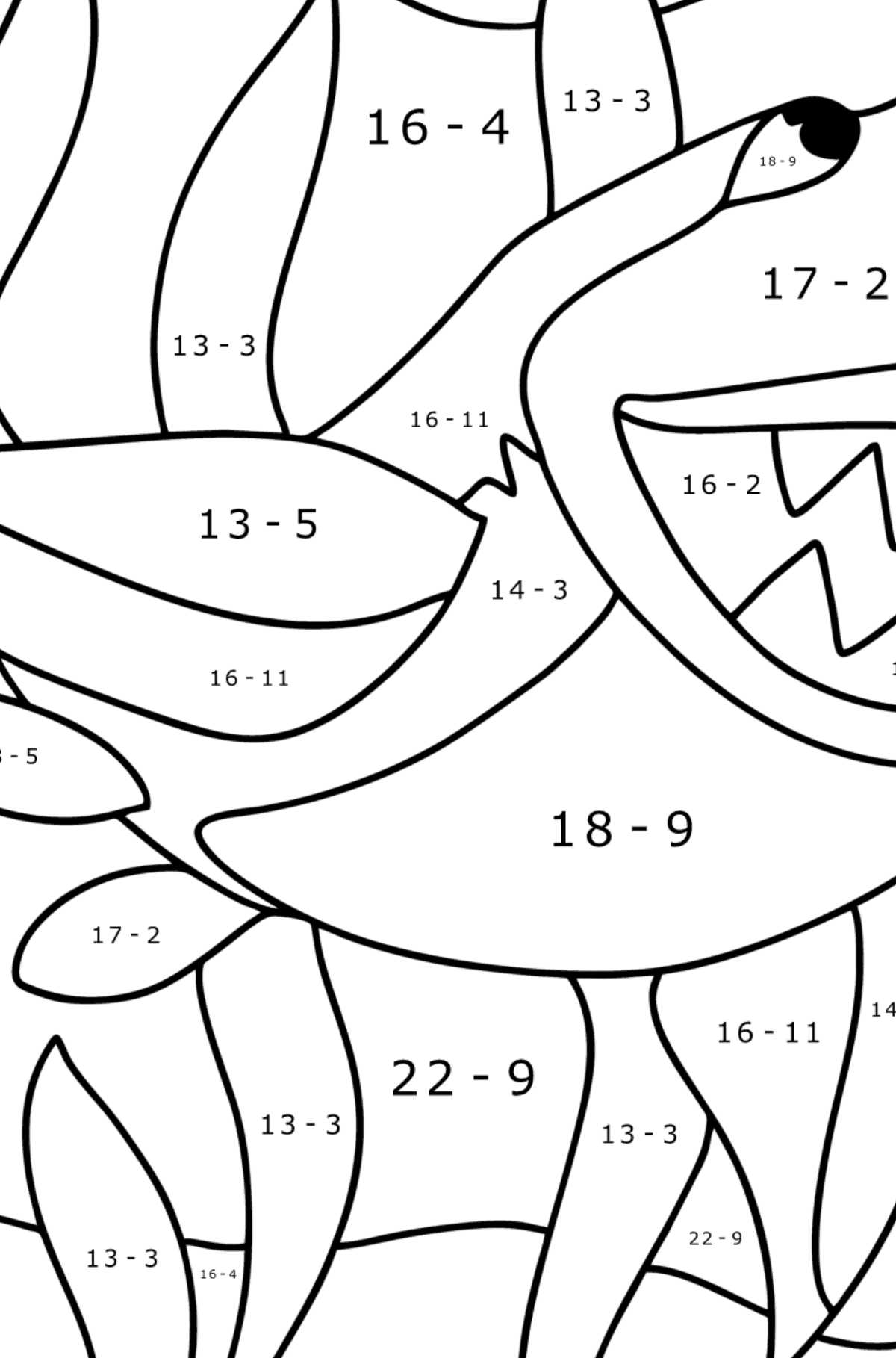 Målarbild haj - Matematik Färgläggning - Subtraktion För barn