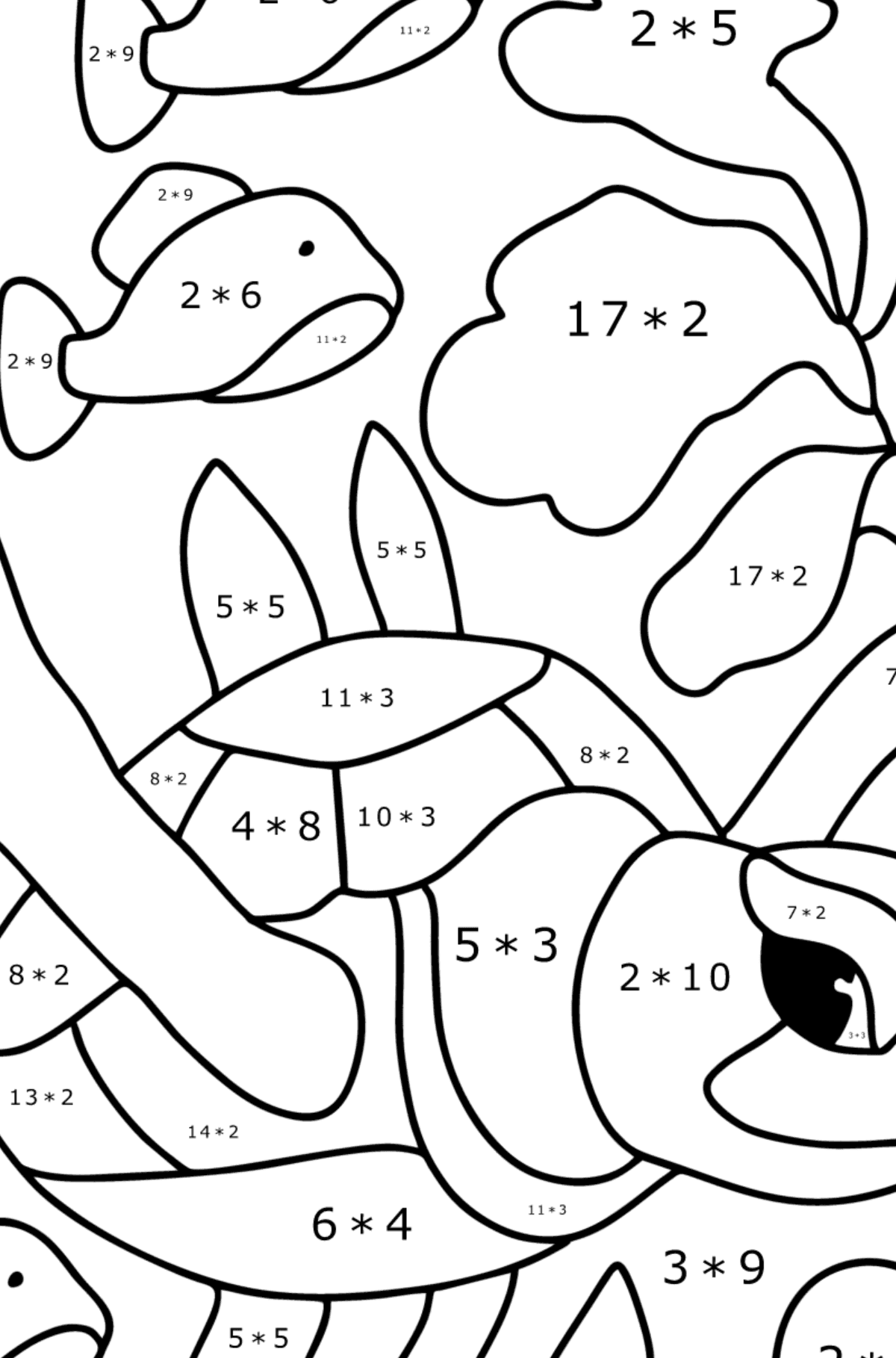 Disegno di Tartaruga di mare da colorare - Colorazione matematica - Moltiplicazione per bambini