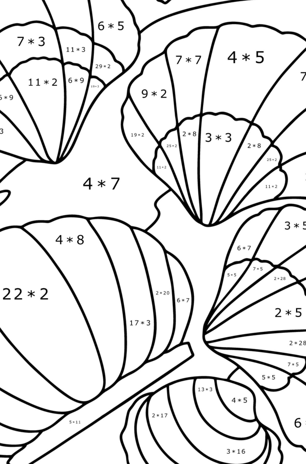 Ausmalbild Muscheln - Mathe Ausmalbilder - Multiplikation für Kinder