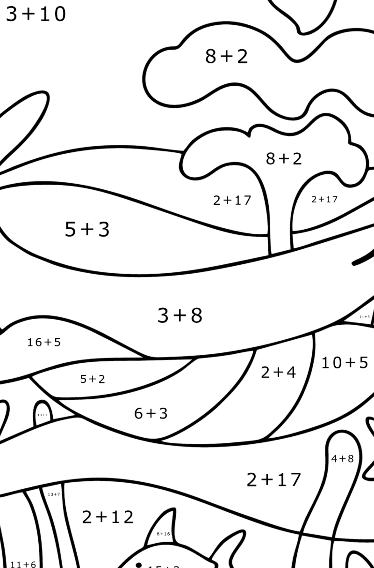 Ausmalbild Süßer Pottwal - Mathe Ausmalbilder - Addition für Kinder