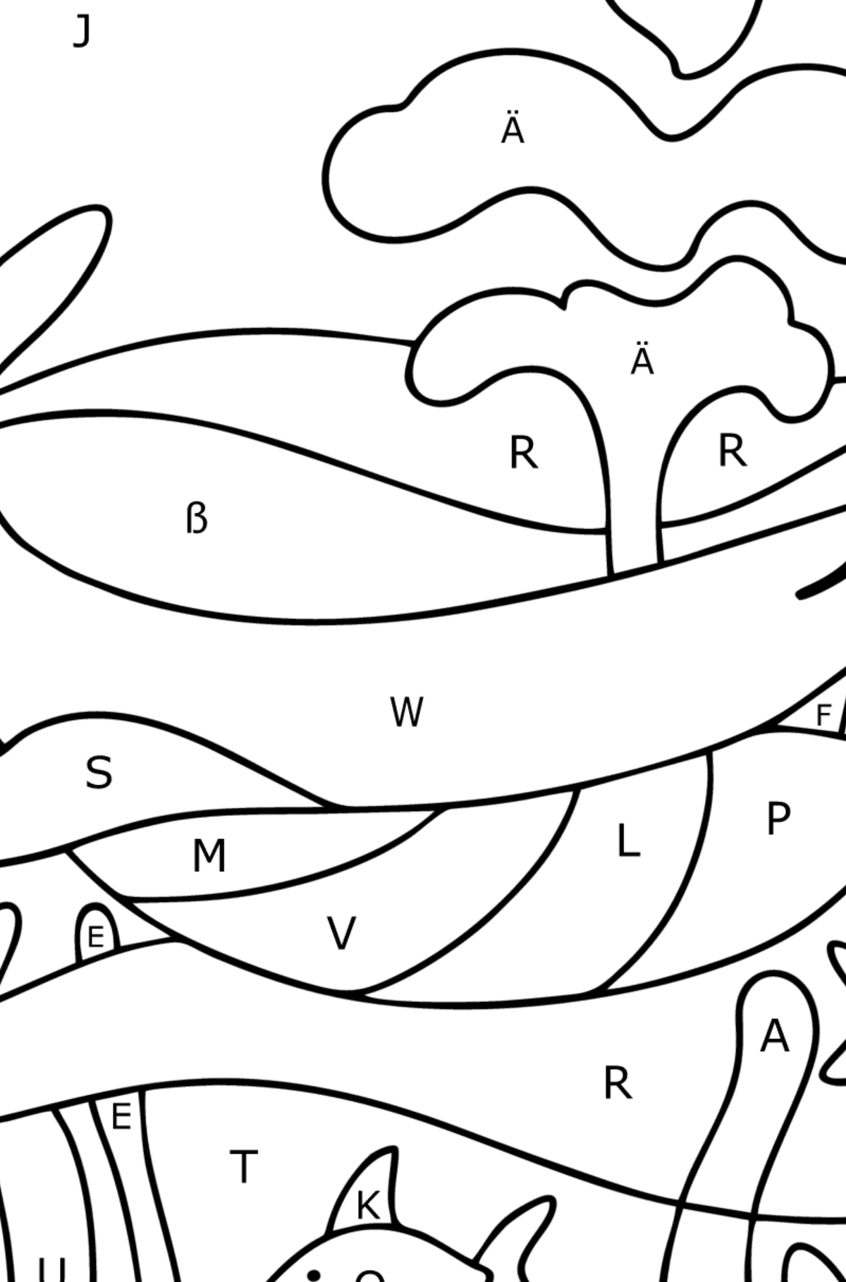 Ausmalbild Süßer Pottwal - Ausmalen nach Buchstaben für Kinder