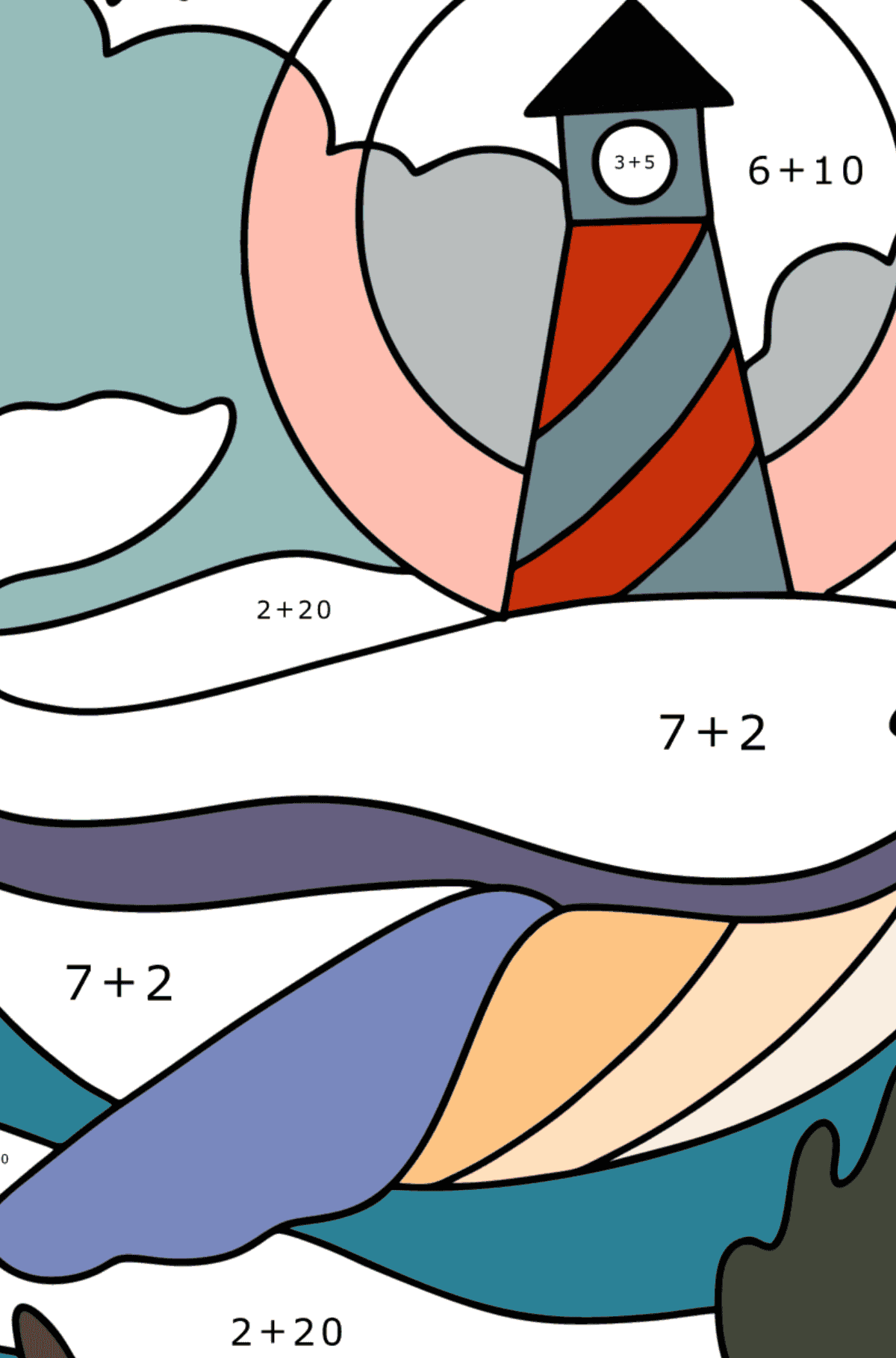 Whale with lighthouse coloring page - Math Coloring - Addition for Kids