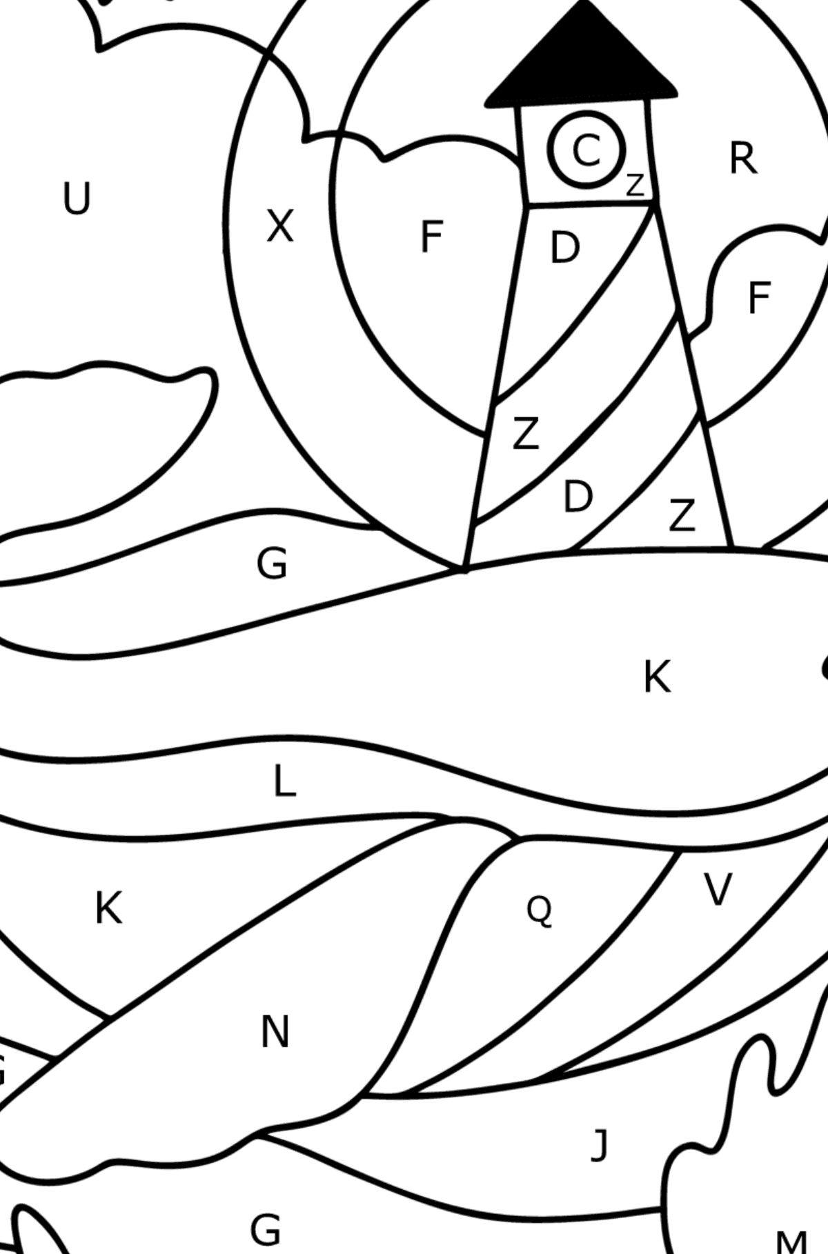 Whale with lighthouse coloring page - Coloring by Letters for Kids