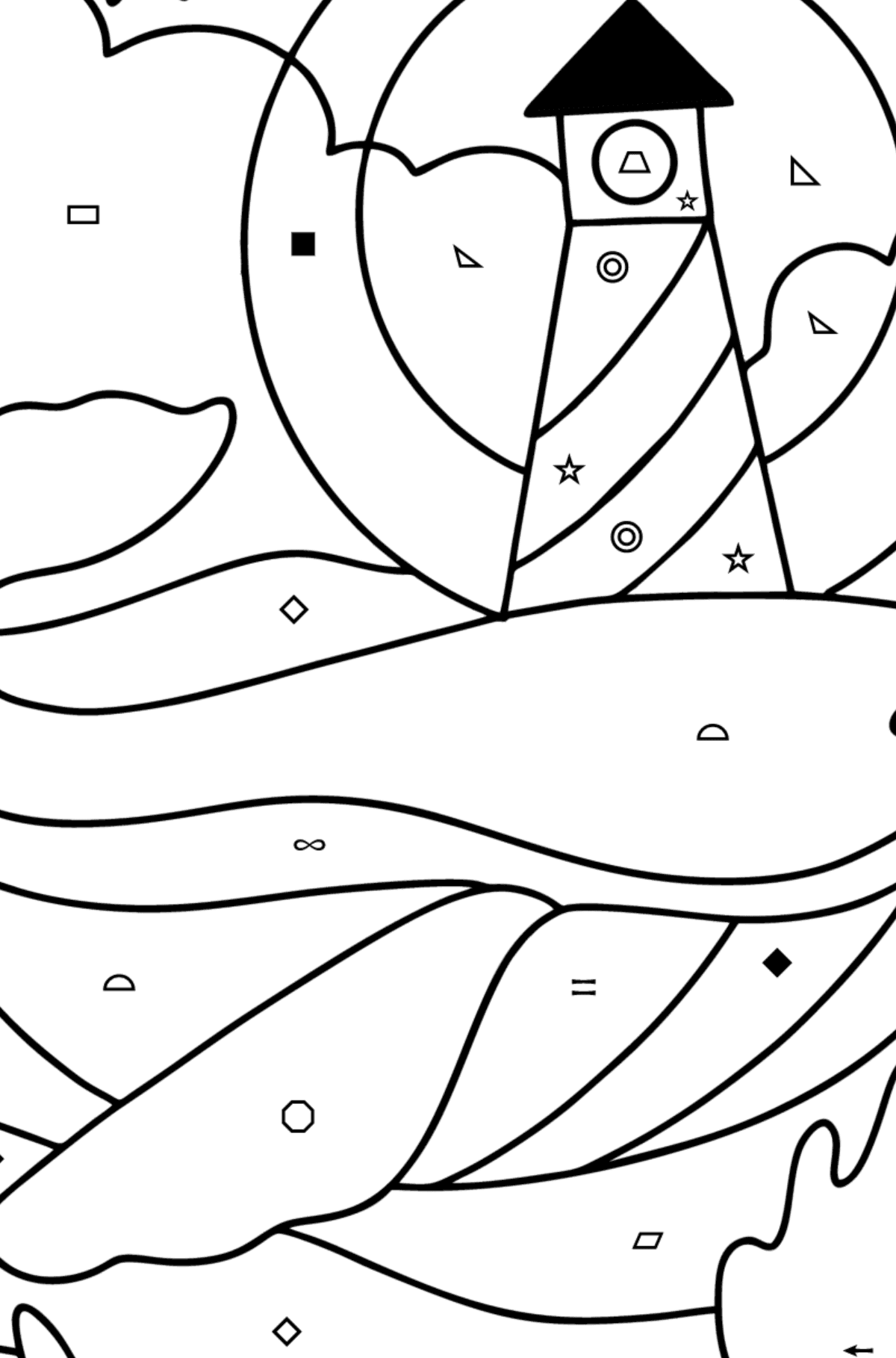 Kolorowanka wieloryb z latarnią morską - Kolorowanie według symboli i figur geometrycznych dla dzieci