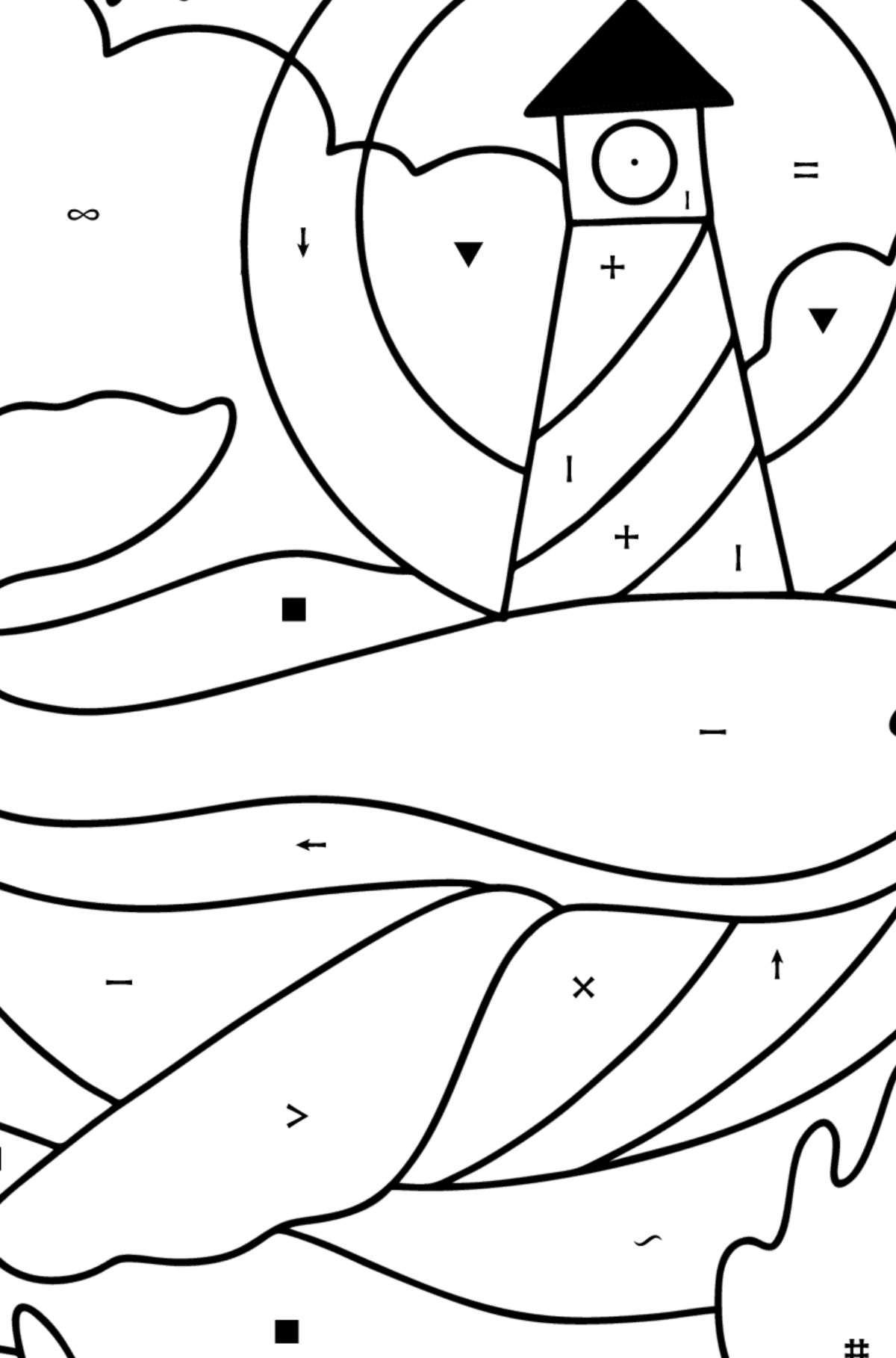 Whale with lighthouse coloring page - Coloring by Symbols for Kids