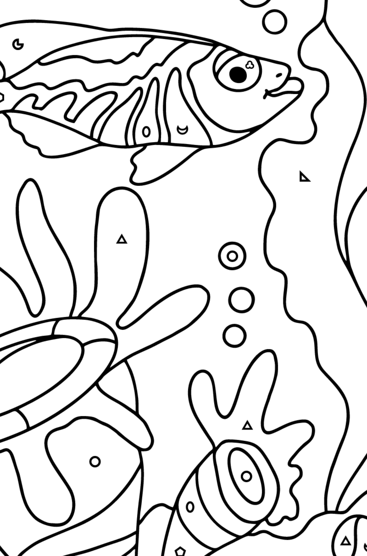 Coloring Page - A Fish is Admiring the Corals - Coloring by Geometric Shapes for Kids