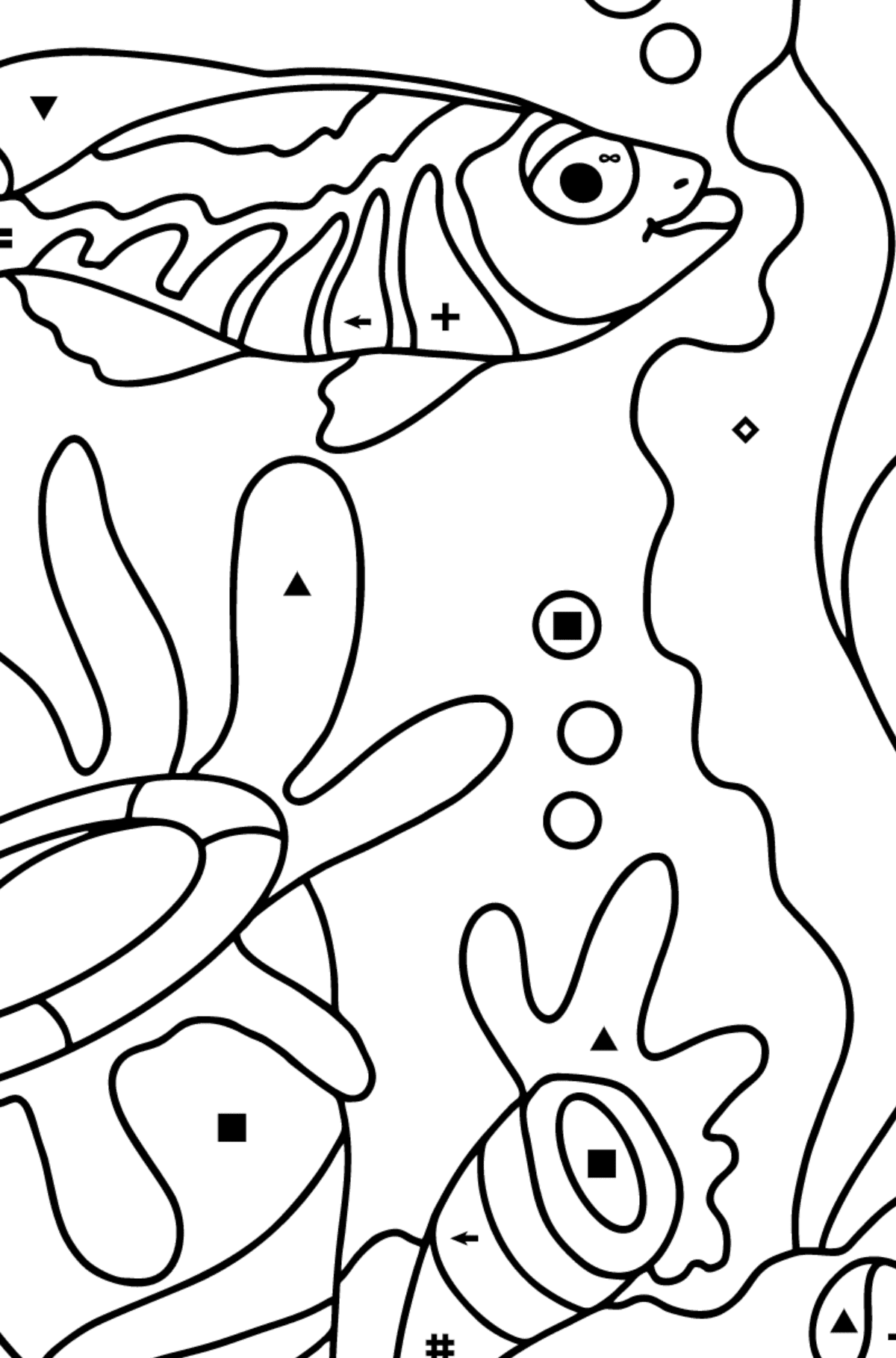 Coloring Page - A Fish is Admiring the Corals - Coloring by Symbols for Children