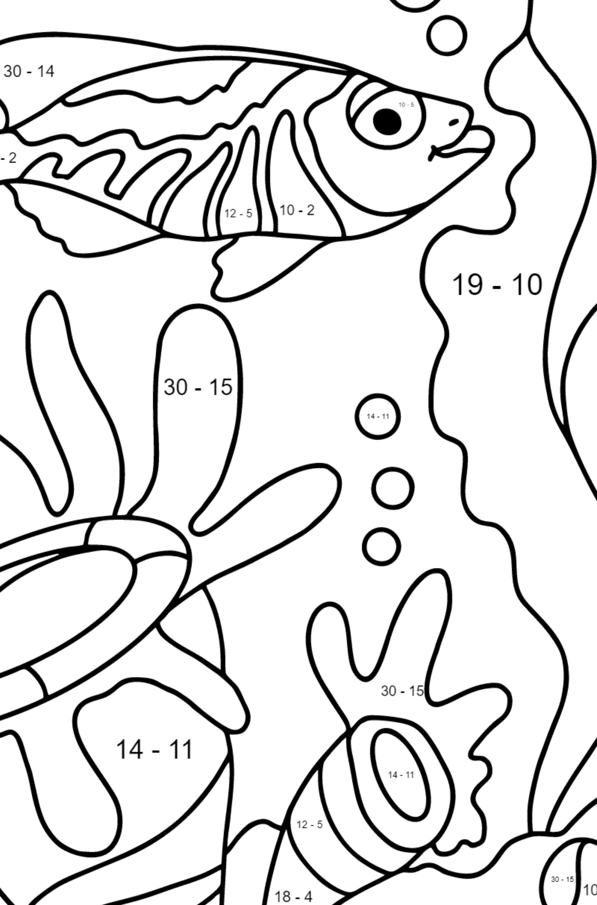 Coloring Page - A Fish is Admiring the Corals - Math Coloring - Subtraction for Kids