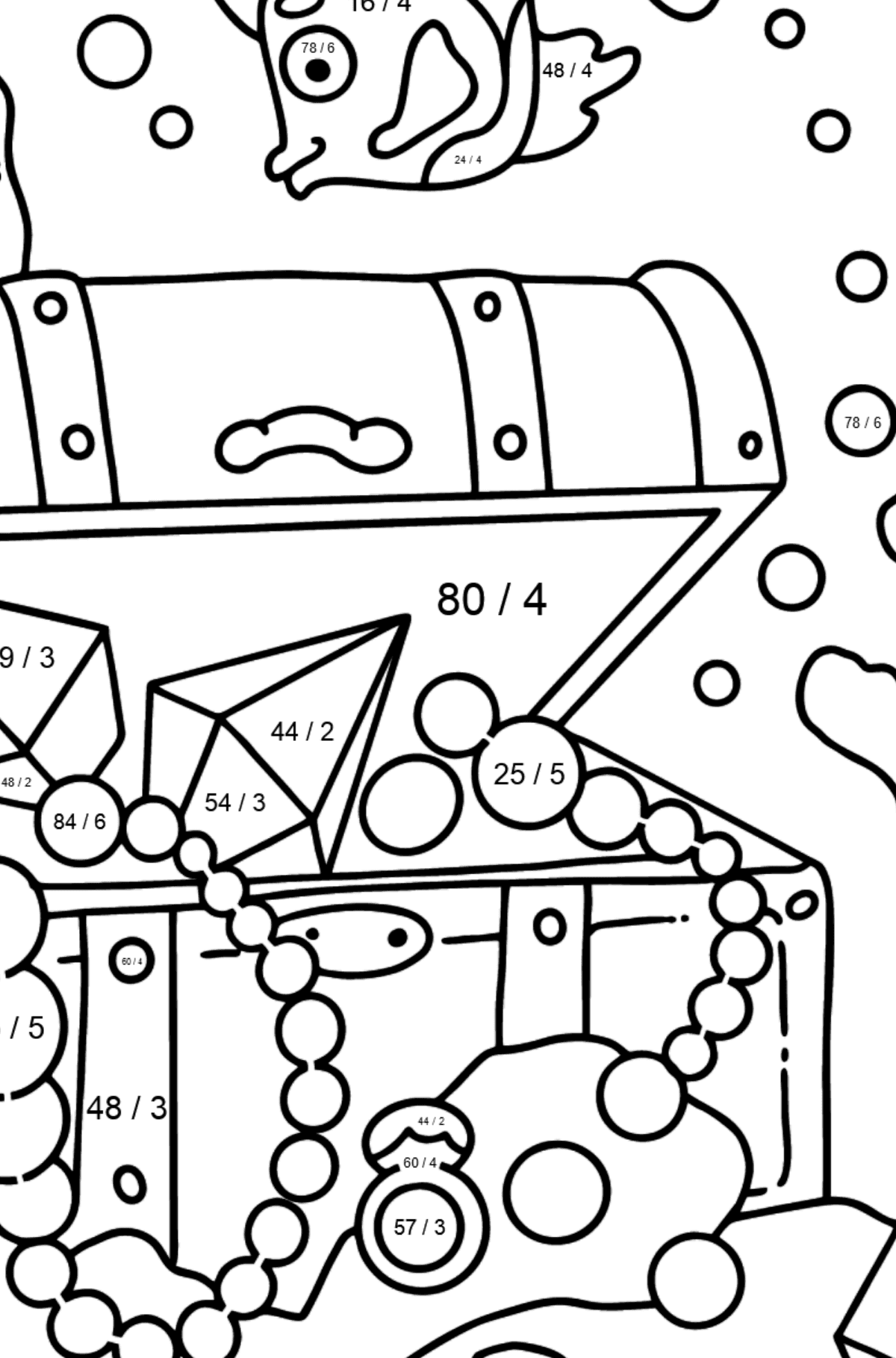 Coloring Page - A Fish is Looking for a Treasure - Math Coloring - Division for Kids