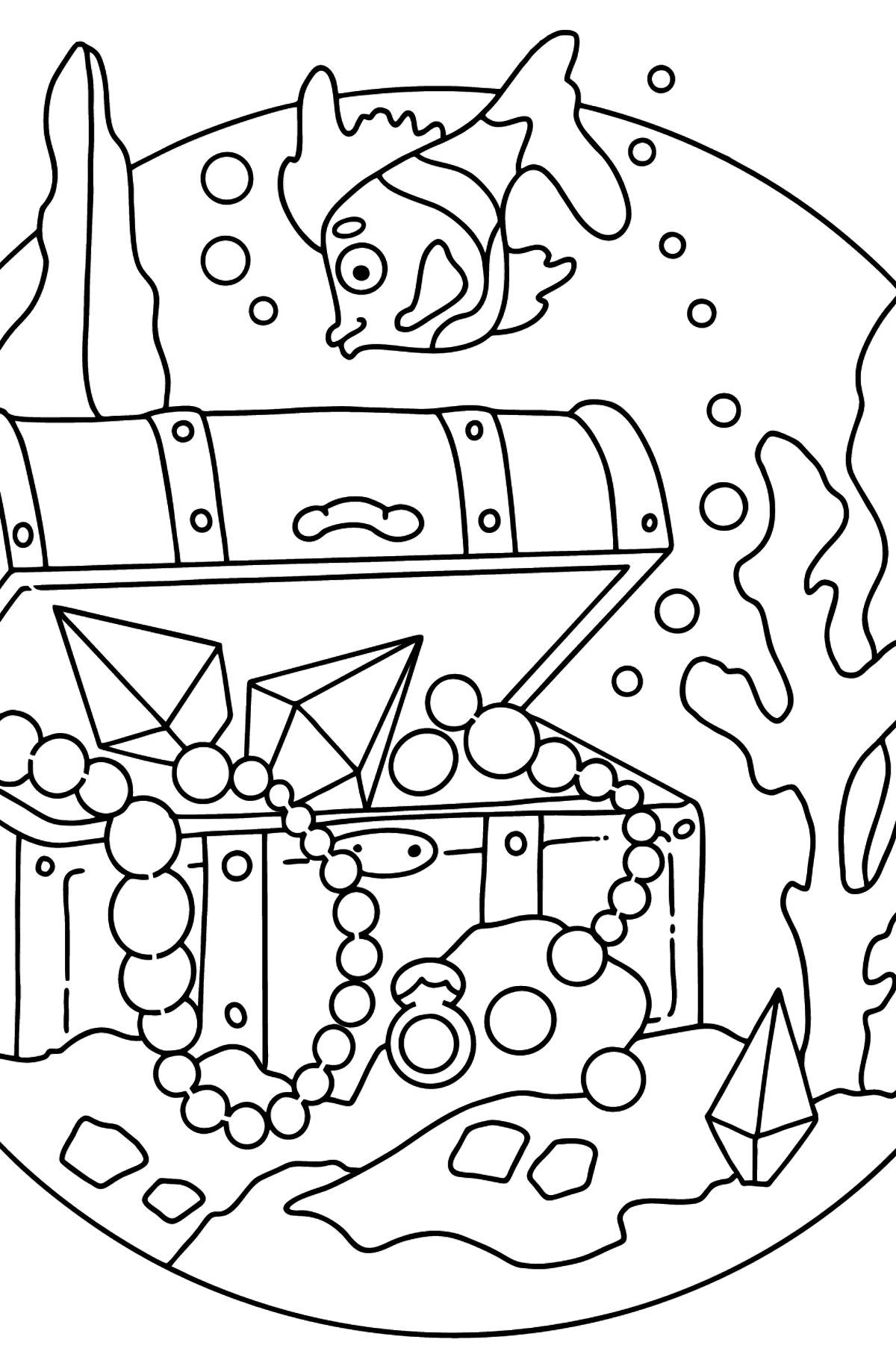 Coloring Page - A Fish is Swimming Around a Pirate's Chest - Coloring Pages for Kids