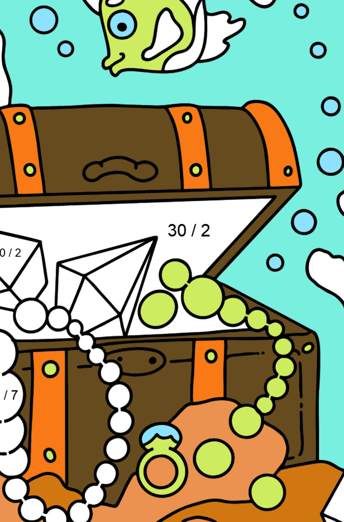 Desenho de peixe e tesouro para colorir (fácil) - Colorindo com Matemática - Divisão para Crianças