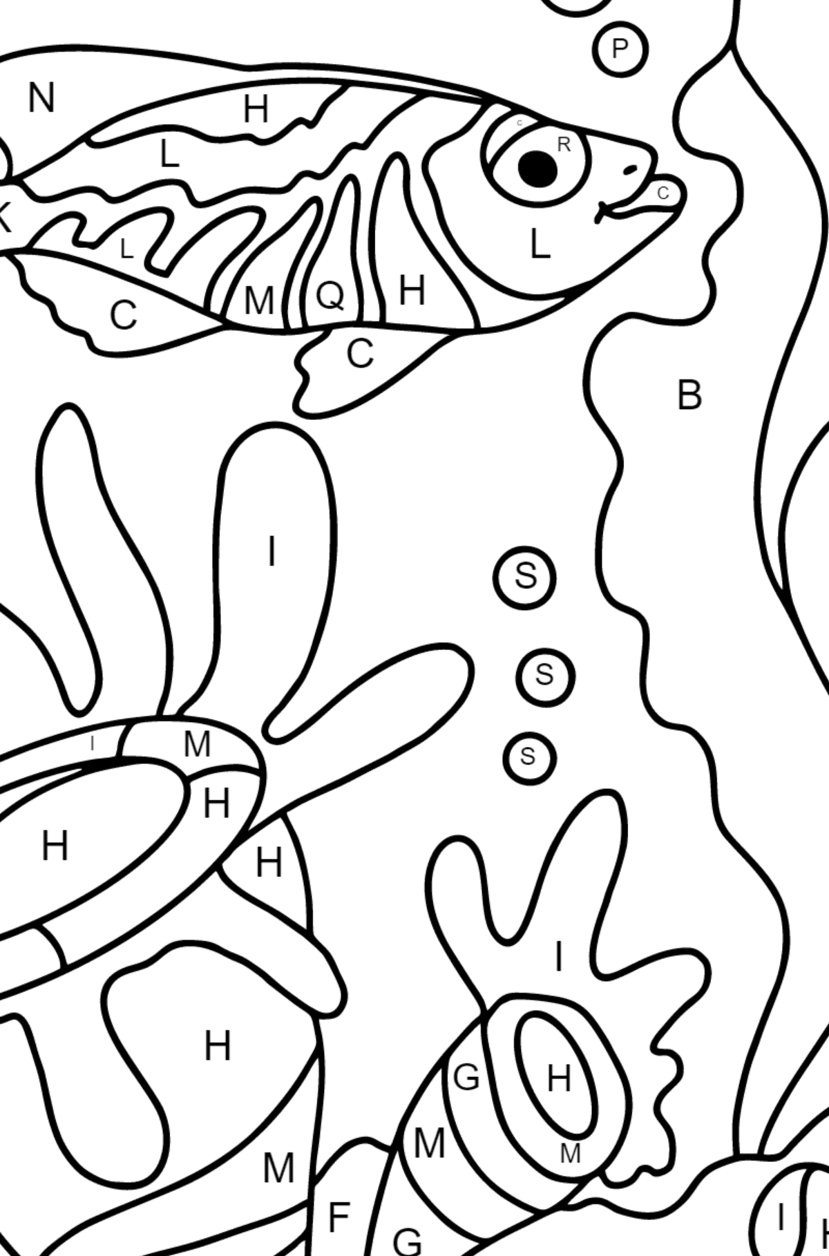 Coloring Page - A Fish is Swimming past the Corals - Coloring by Letters for Children