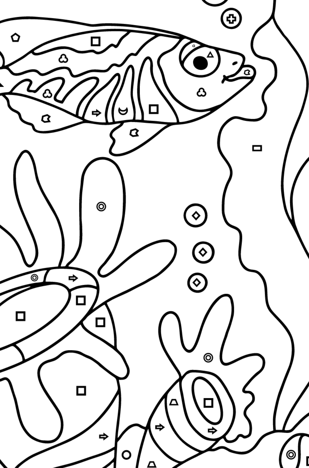 Coloring Page - A Fish is Swimming past the Corals - Coloring by Geometric Shapes for Children