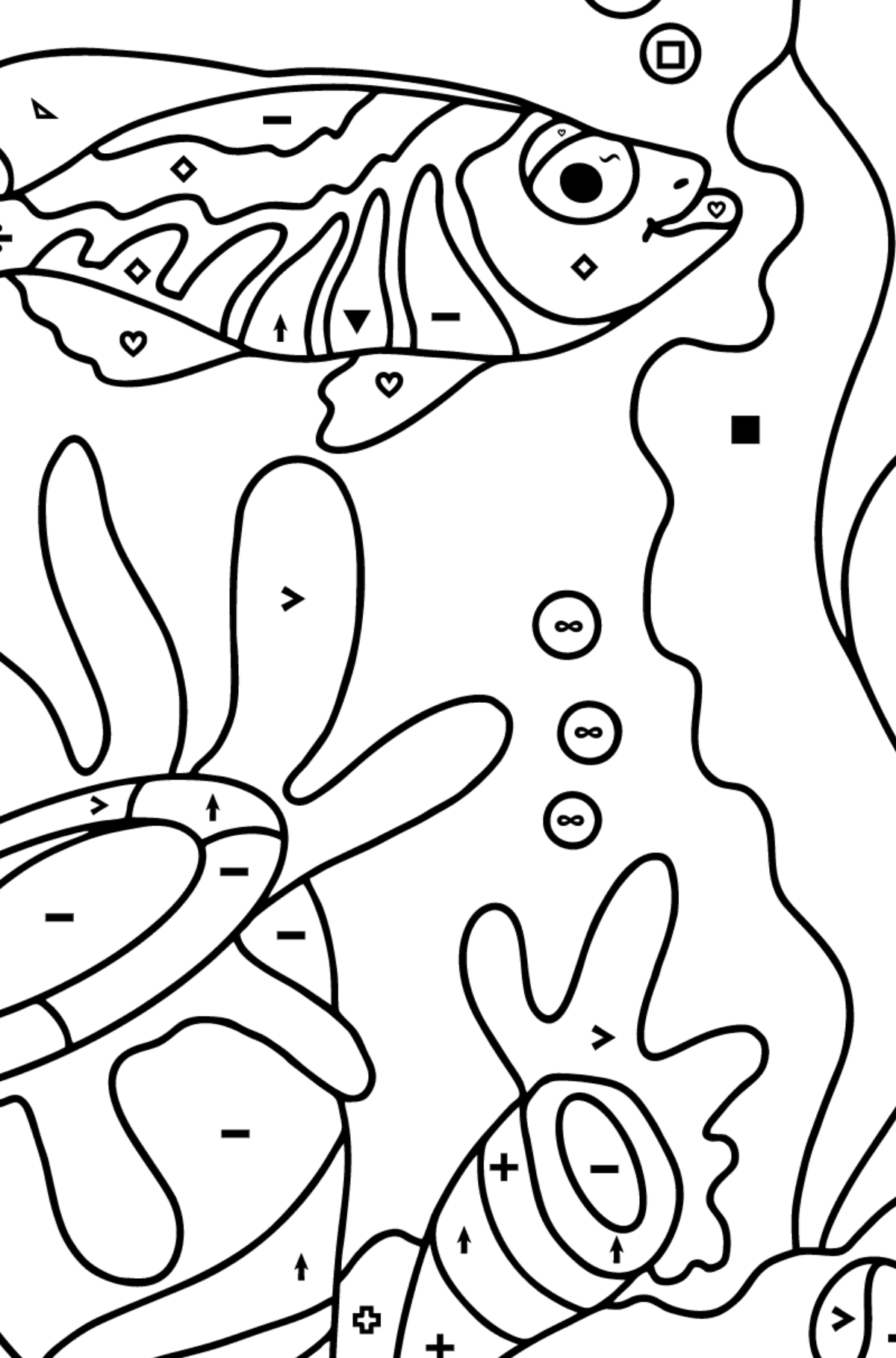 Coloring Page - A Fish is Swimming - Coloring by Symbols and Geometric Shapes for Kids