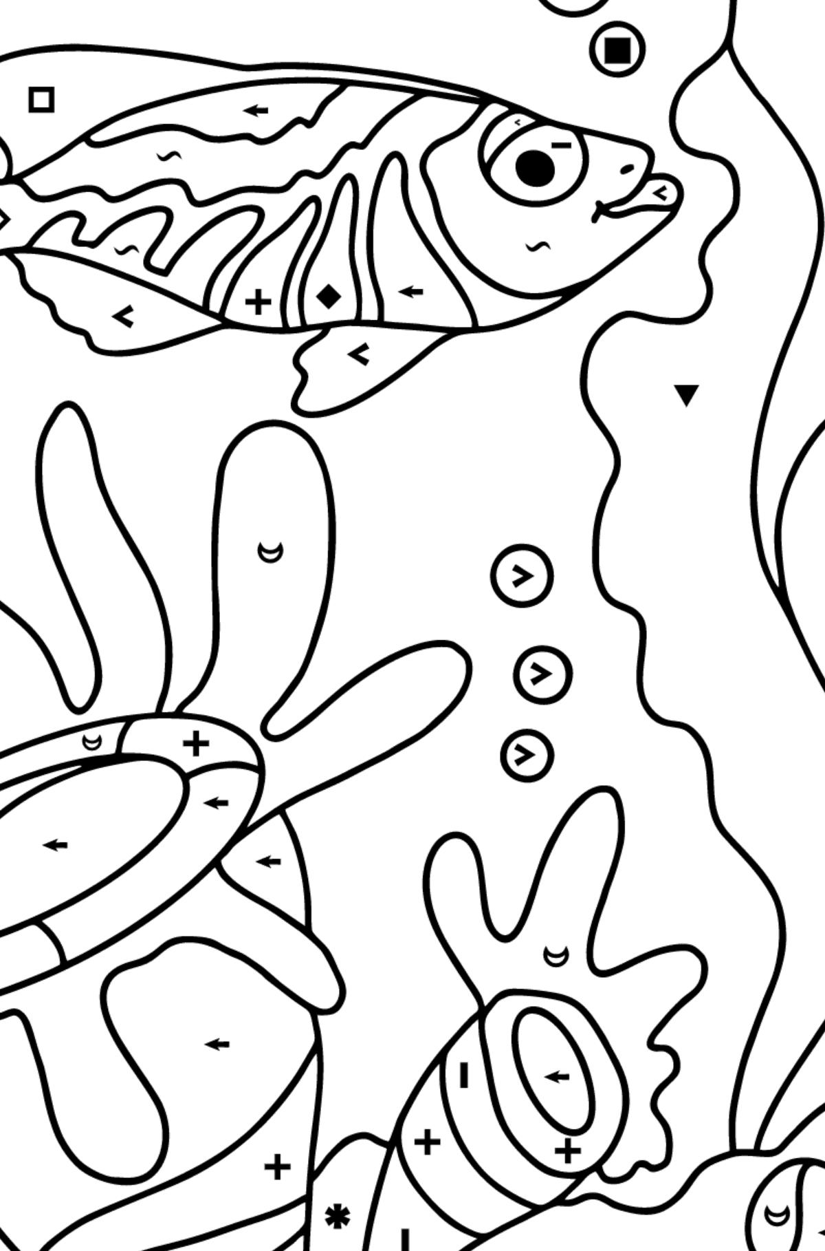 Coloring Page - A Fish is Swimming - Coloring by Symbols for Kids