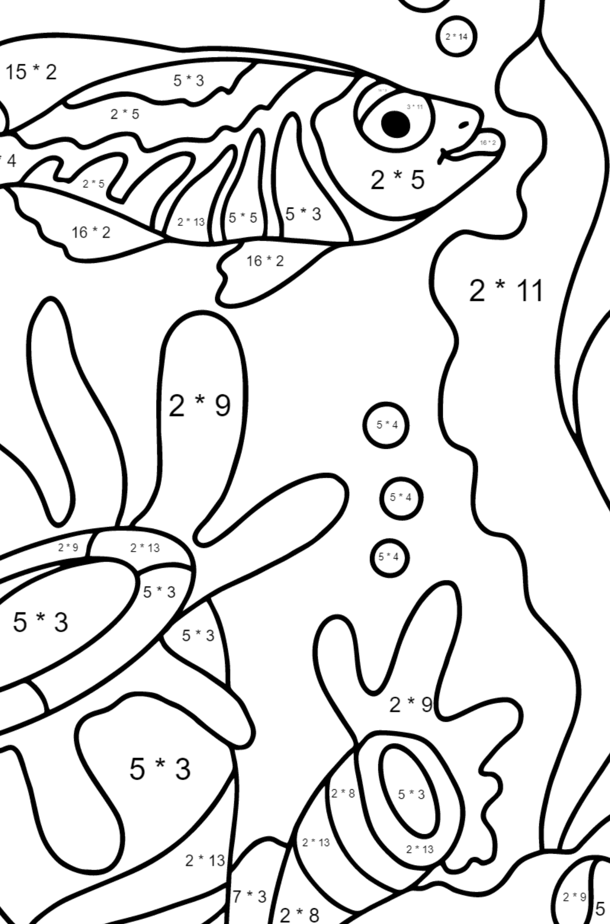 Värityskuva kala (vaikea) - Matemaattinen Värityskirja - Kertolasku lapsille