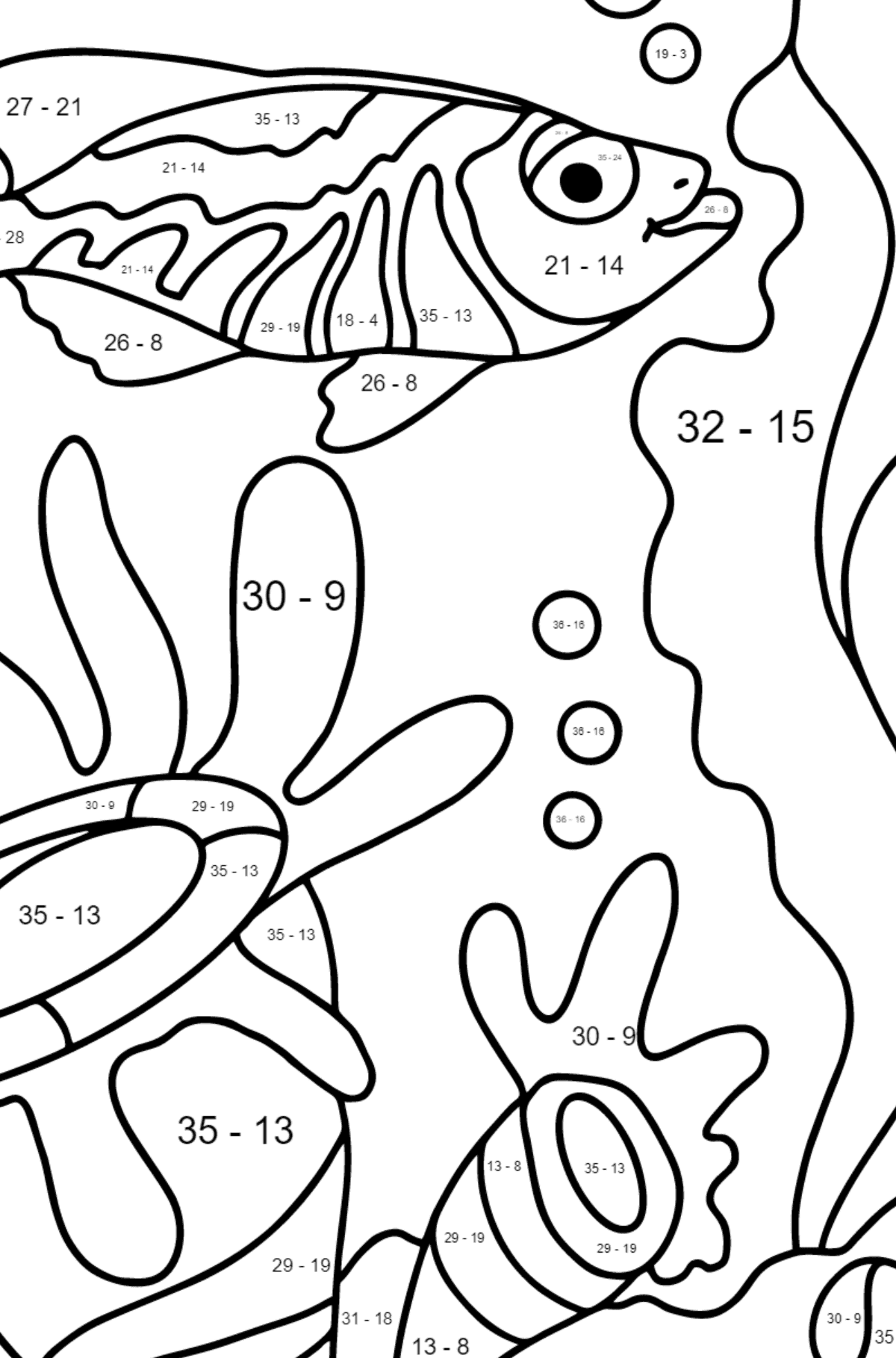 Coloring Page - A Fish is Swimming past the Corals - Math Coloring - Subtraction for Children