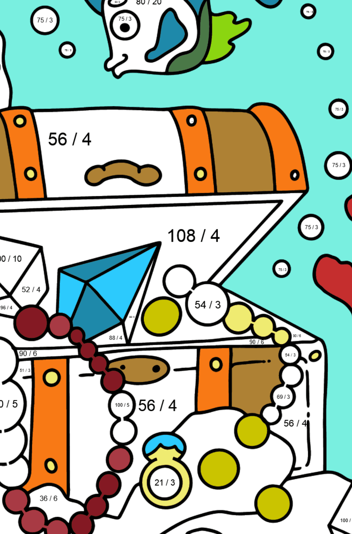 Ausmalbild Fisch und Schatz(schwer) - Mathe Ausmalbilder - Division für Kinder