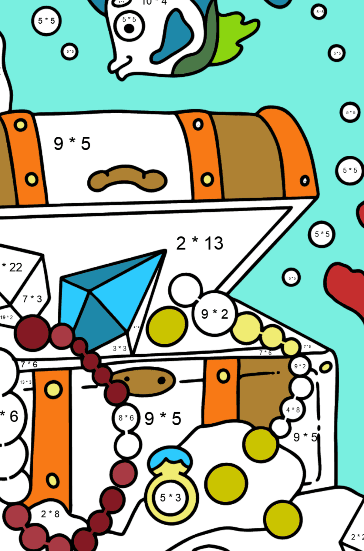Ausmalbild Fisch und Schatz(schwer) - Mathe Ausmalbilder - Multiplikation für Kinder