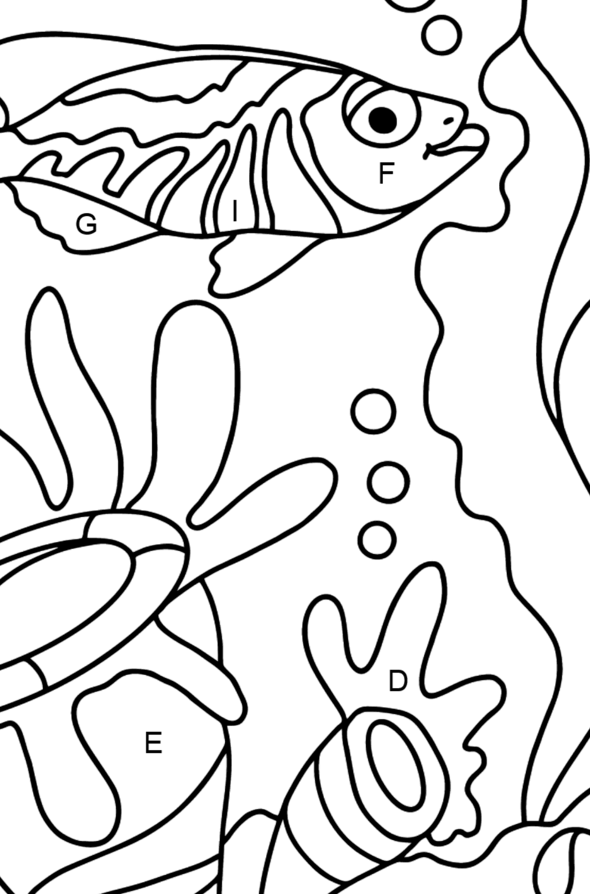 Dibujo para Colorear Fáciles - Un Pez Mira los Corales Ensoñado - Colorear por Letras para Niños