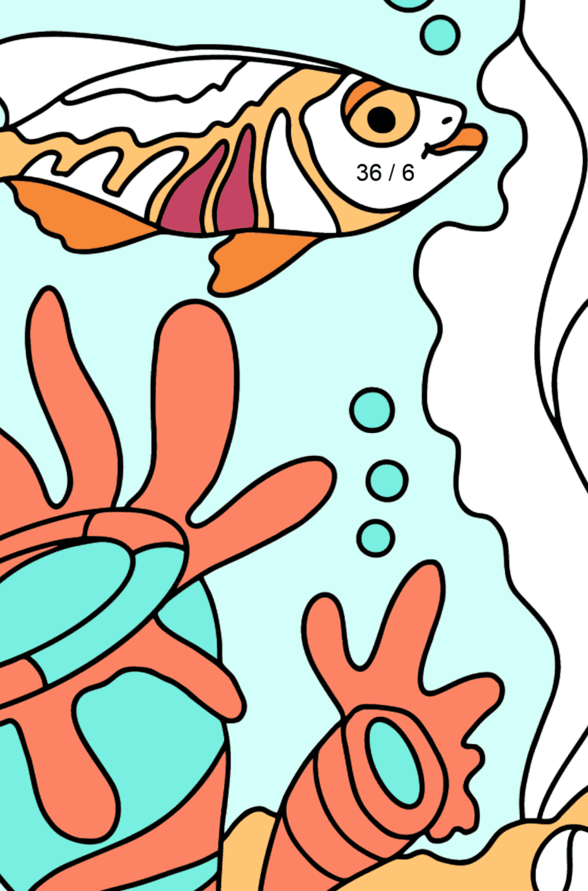 Dibujo para Colorear Fáciles - Un Pez Mira los Corales Ensoñado - Colorear con Matemáticas - Divisiones para Niños