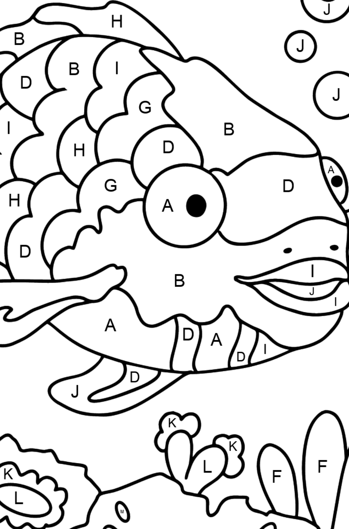 Coloring Page - An Exotic or Rainbow fish - Coloring by Letters for Kids