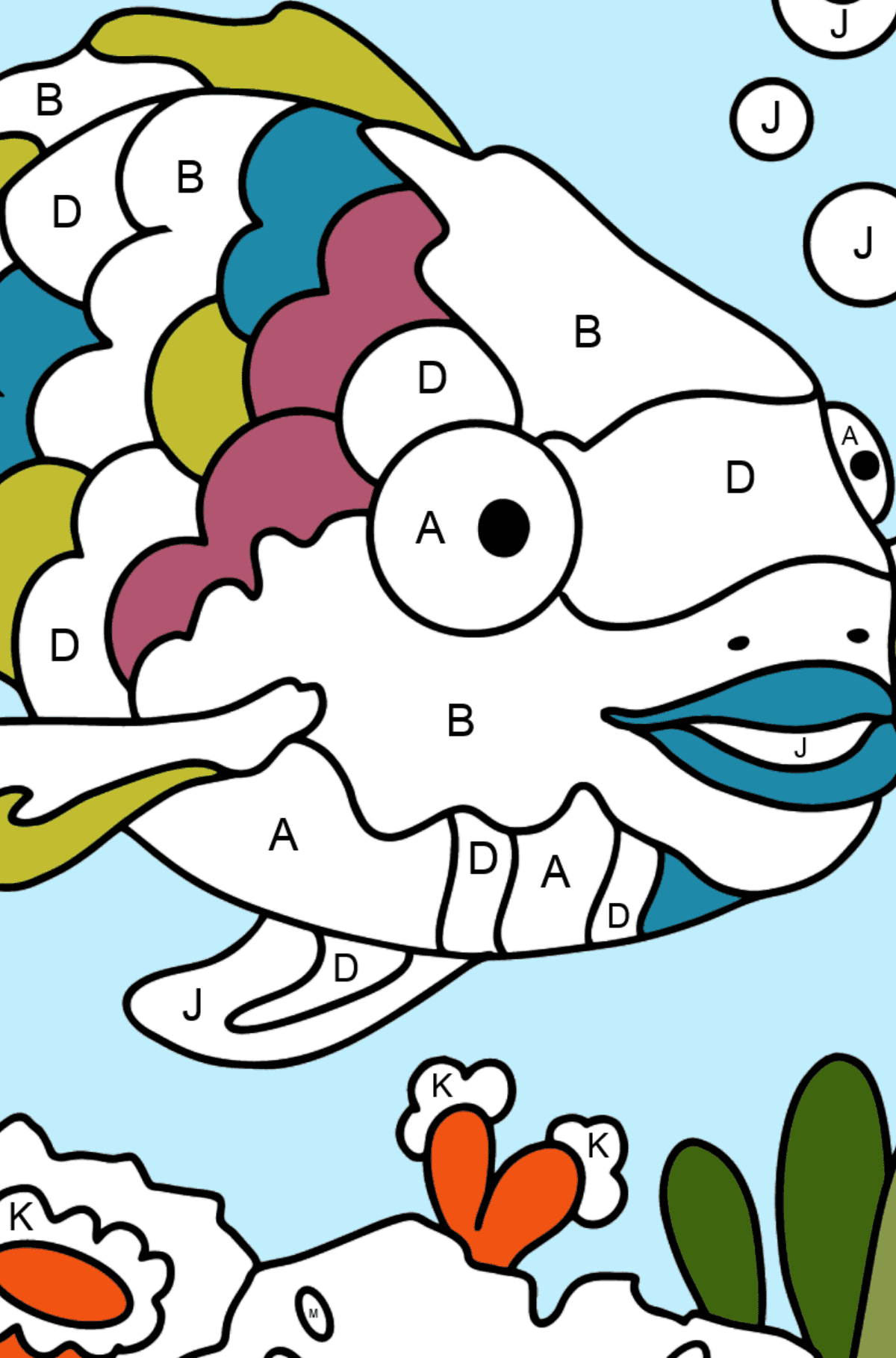 Coloring Page - An Exotic or Rainbow fish - Coloring by Letters for Kids