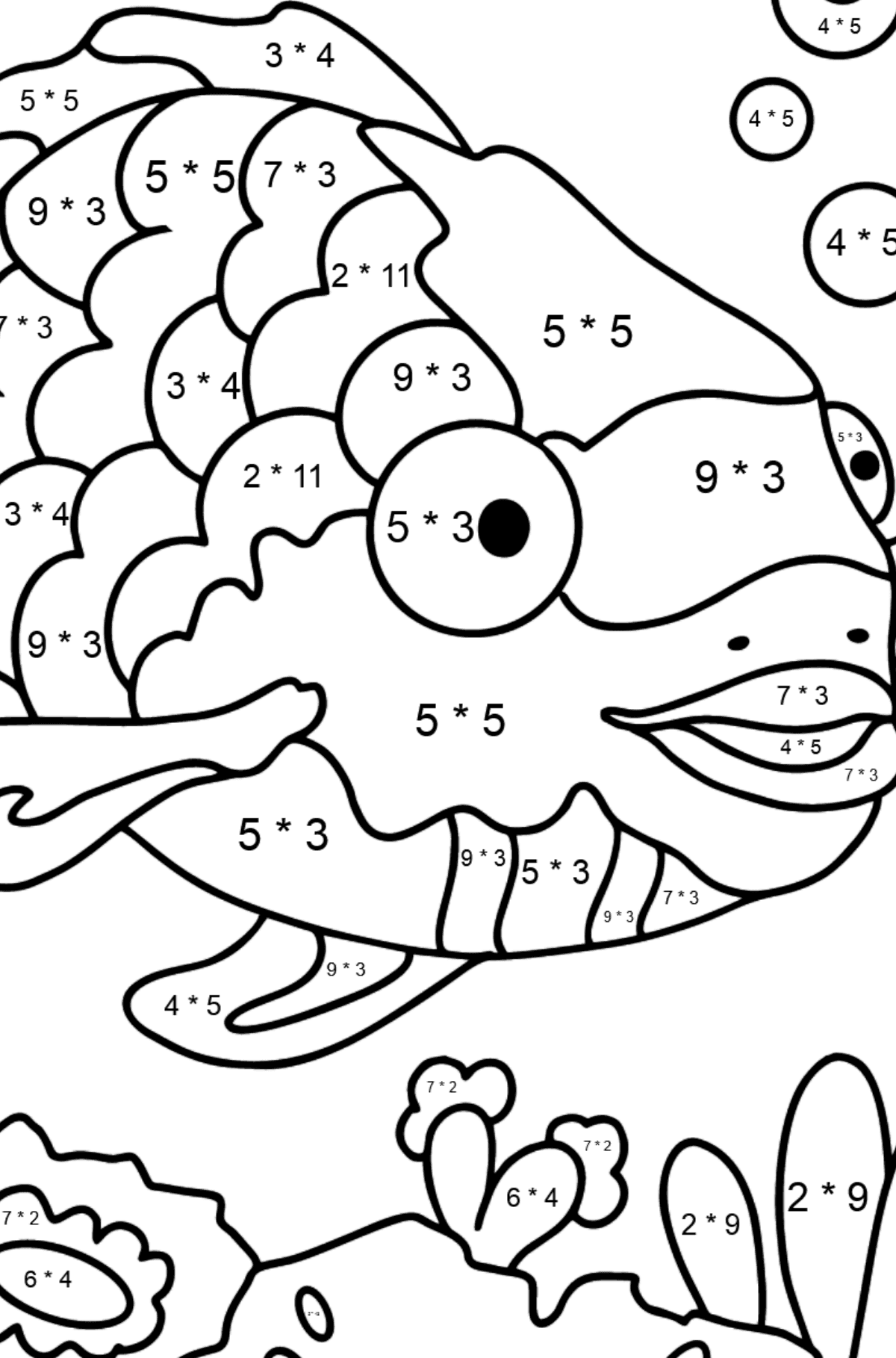 Coloring Page - An Exotic or Rainbow fish - Math Coloring - Multiplication for Kids