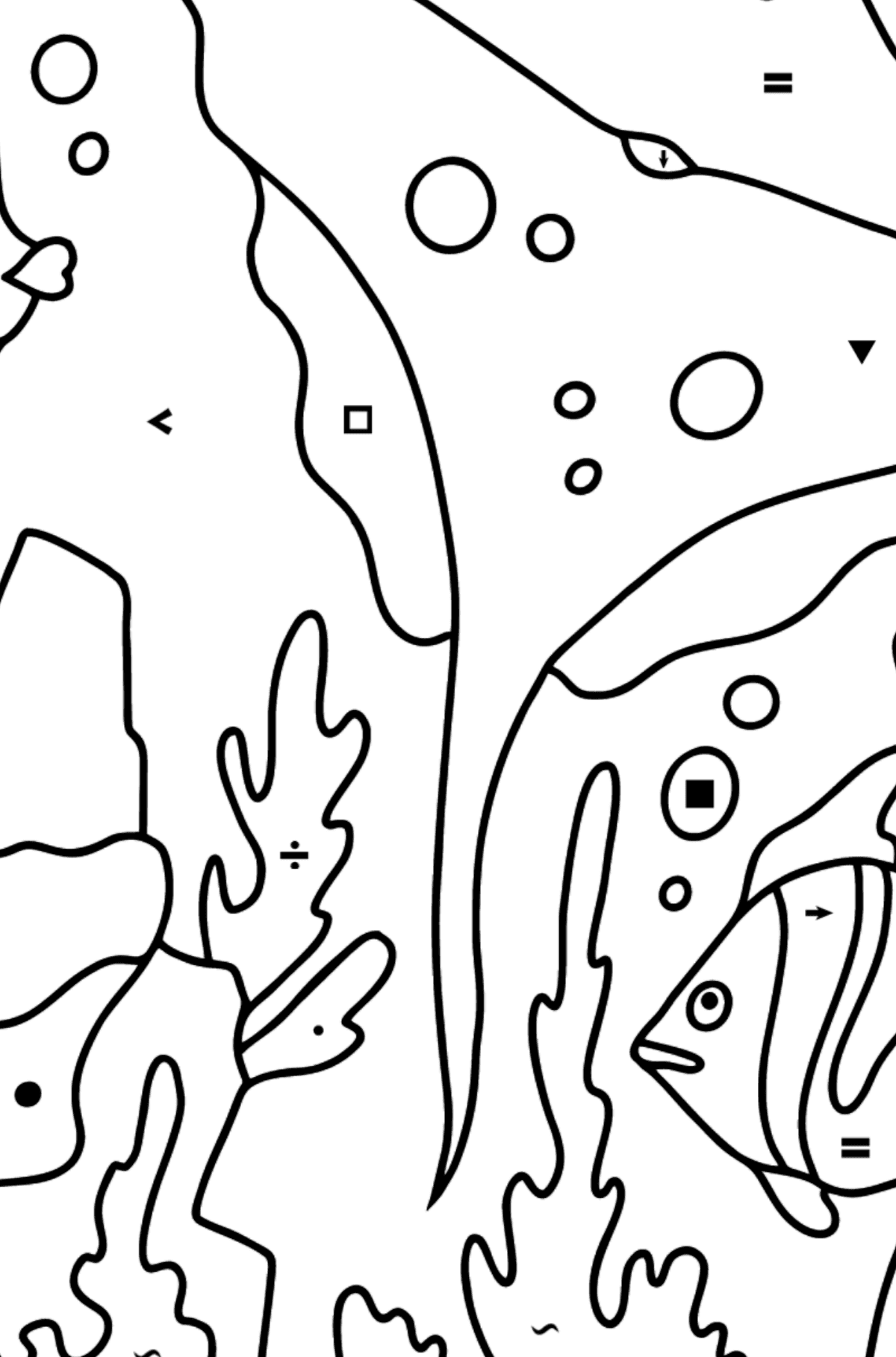 Coloring Page - Fish and Ray are Playing - Coloring by Symbols for Kids