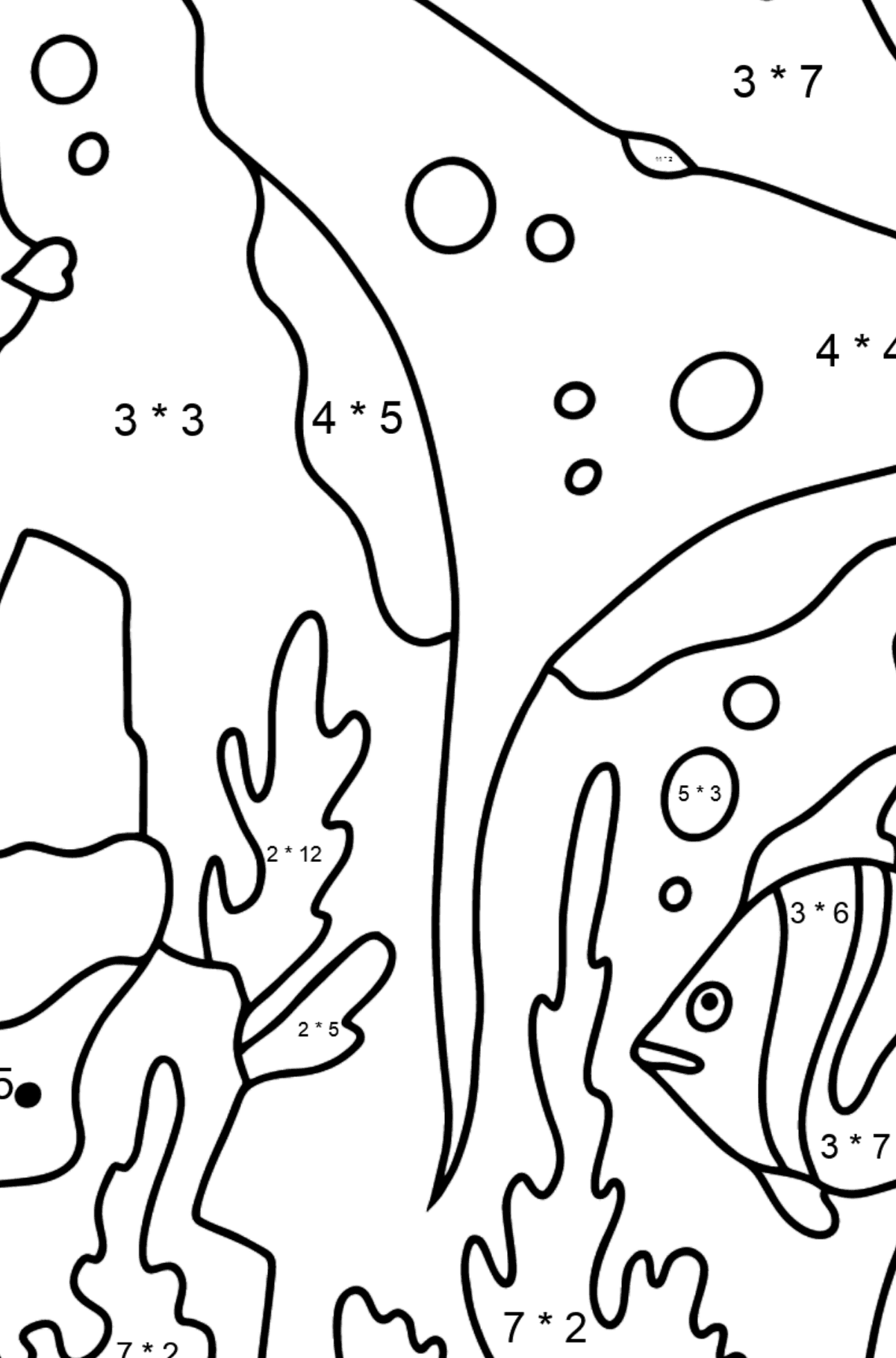Värityskuva kala ja rausku - Matemaattinen Värityskirja - Kertolasku lapsille