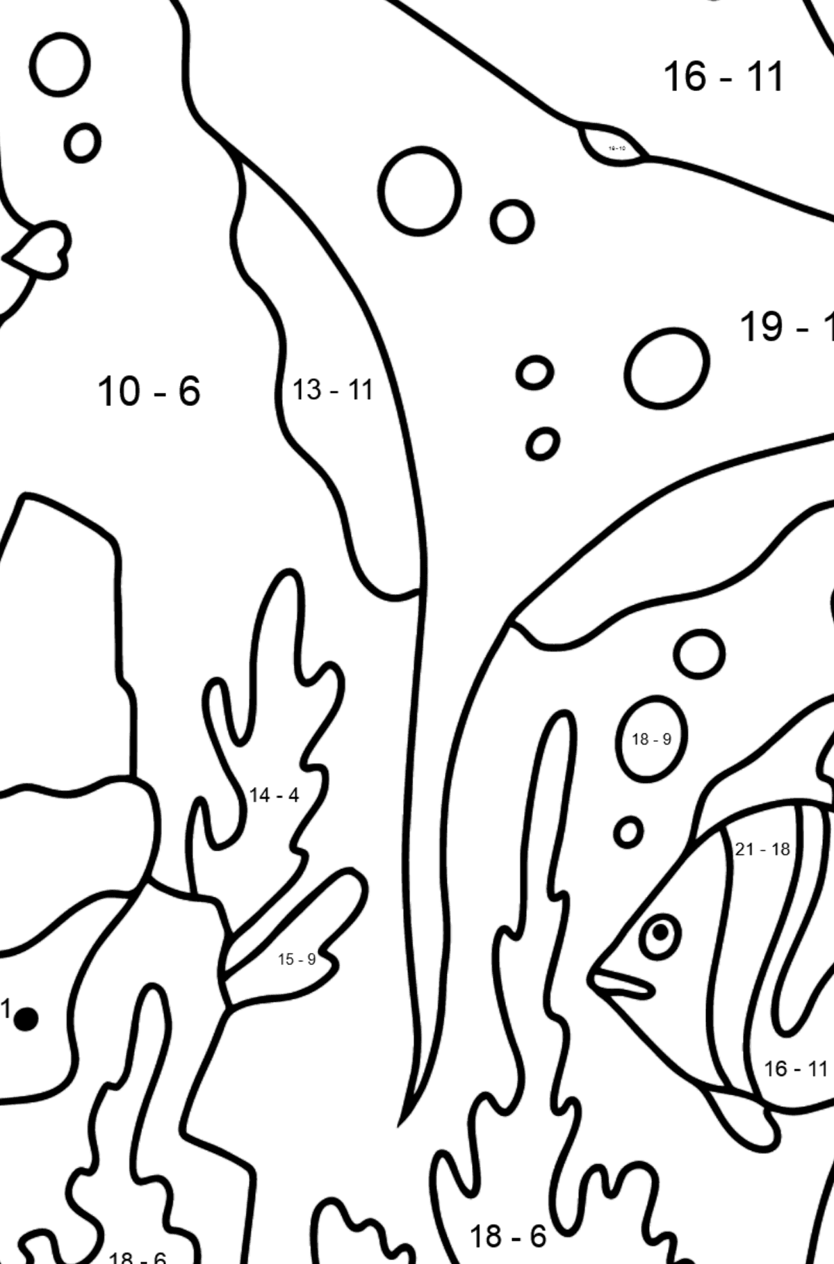 Coloring Page - Fish and Ray are Playing - Math Coloring - Subtraction for Kids