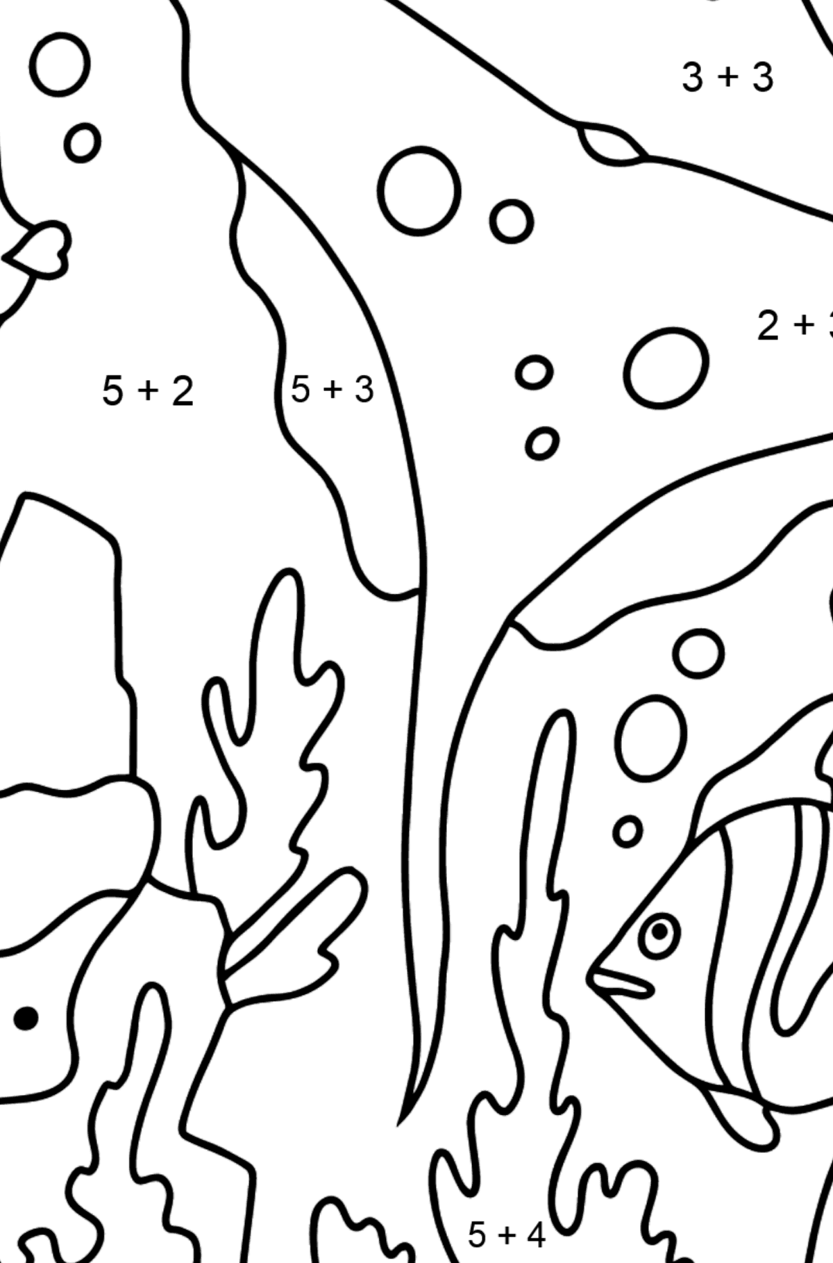 Ausmalbild Fische und Rochen (einfach) - Mathe Ausmalbilder - Addition für Kinder