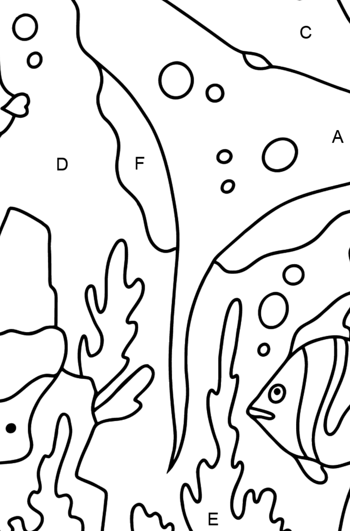 Ausmalbild Fische und Rochen (einfach) - Ausmalen nach Buchstaben für Kinder