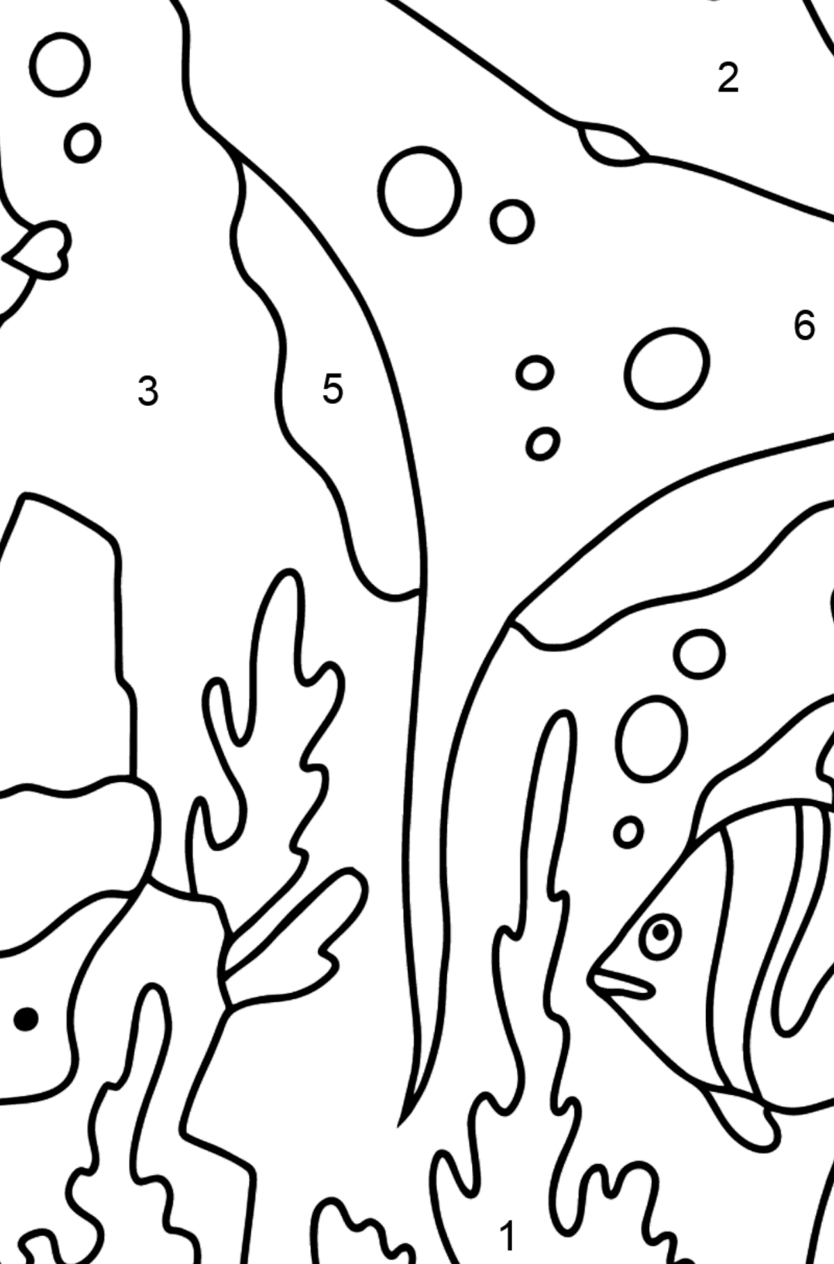 Ausmalbild Fische und Rochen (einfach) - Malen nach Zahlen für Kinder