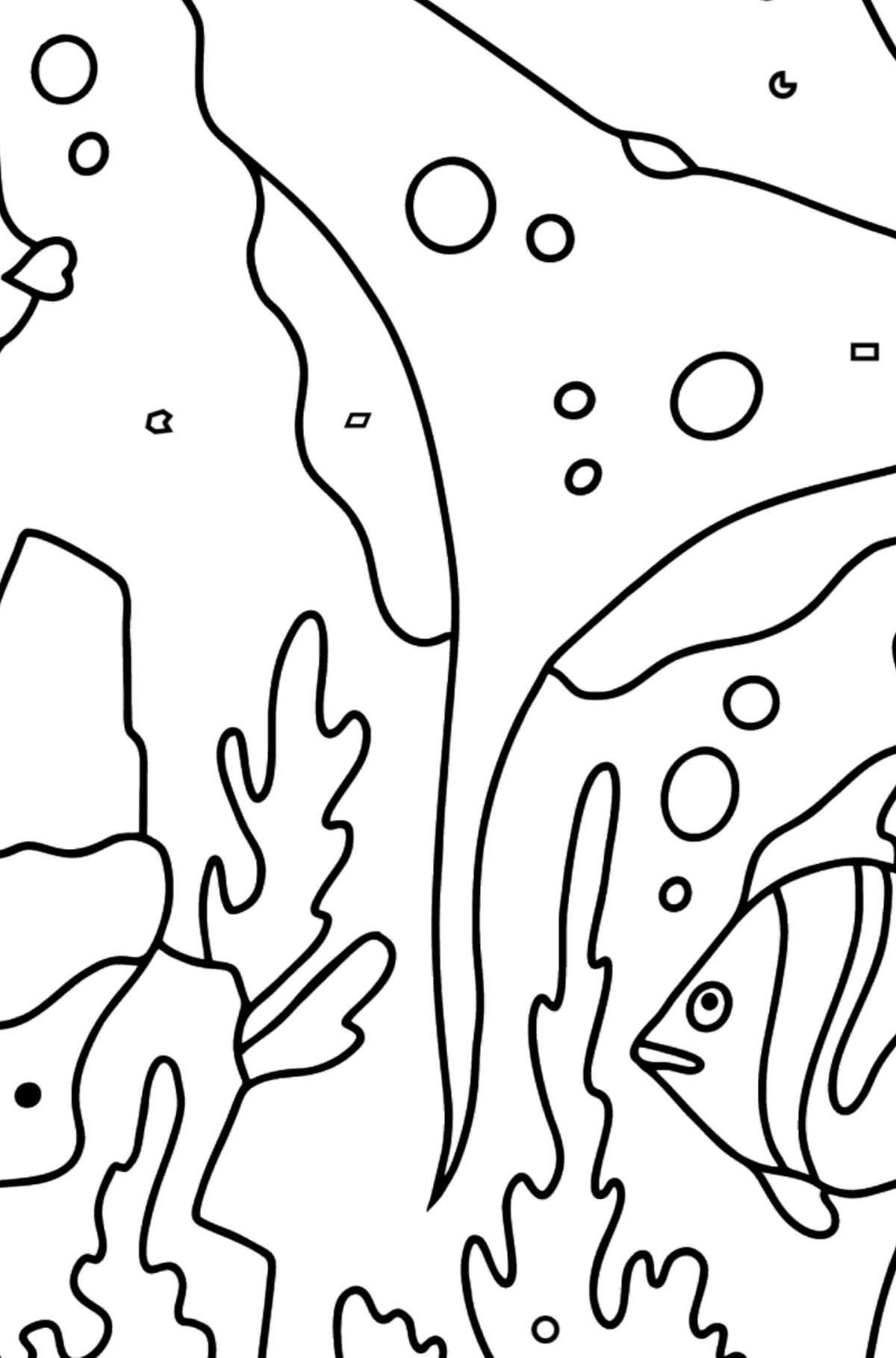 Coloring Page - Fish are Playing with a Charming Stingray - Coloring by Geometric Shapes for Kids