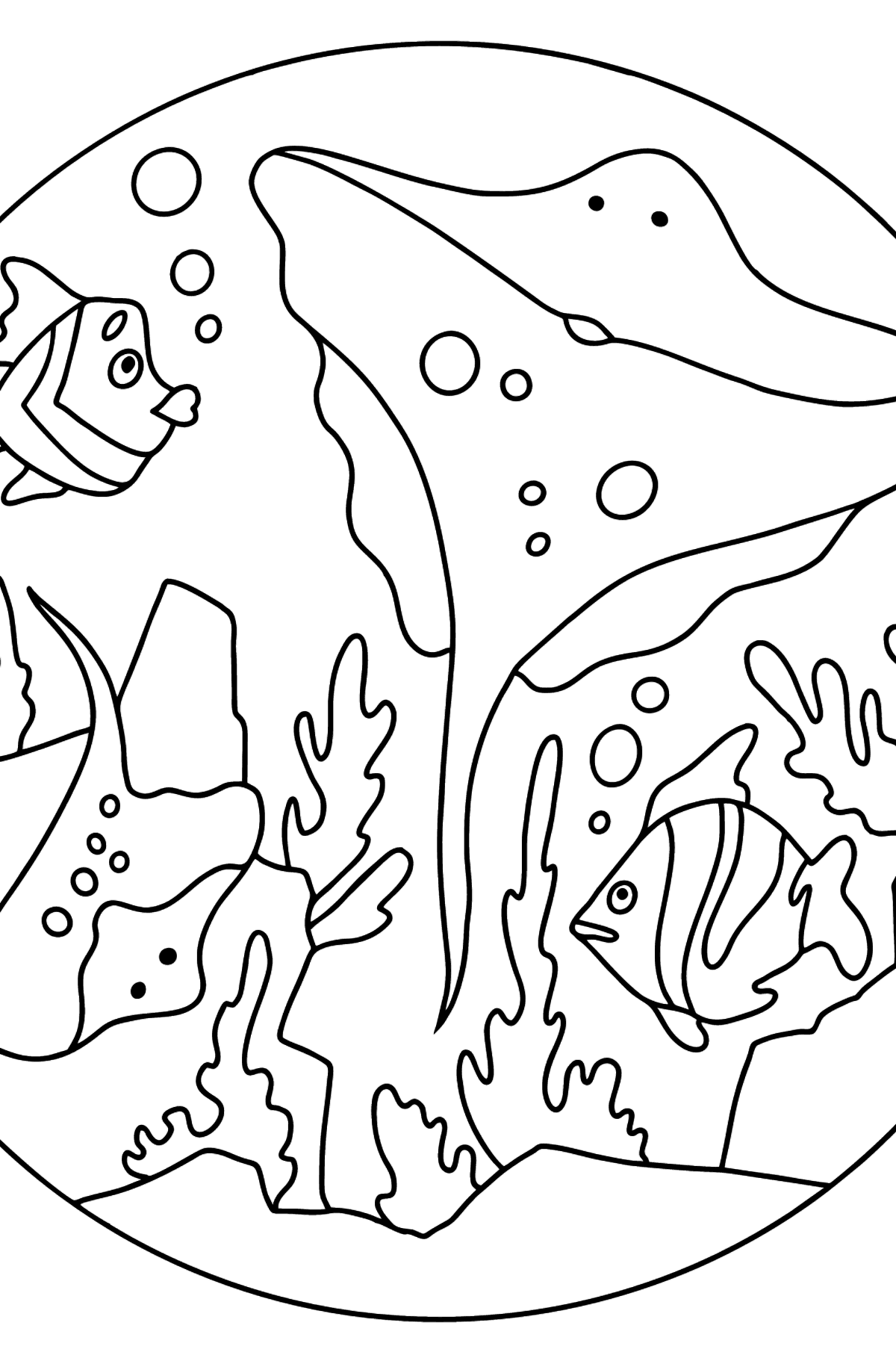 Coloring Page - Fish are Playing with a Charming Stingray - Coloring Pages for Kids