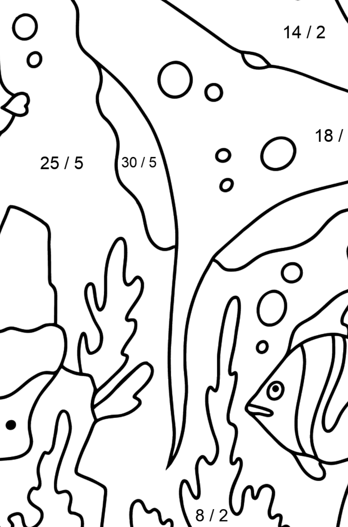 Ausmalbild Fische und Rochen (einfach) - Mathe Ausmalbilder - Division für Kinder
