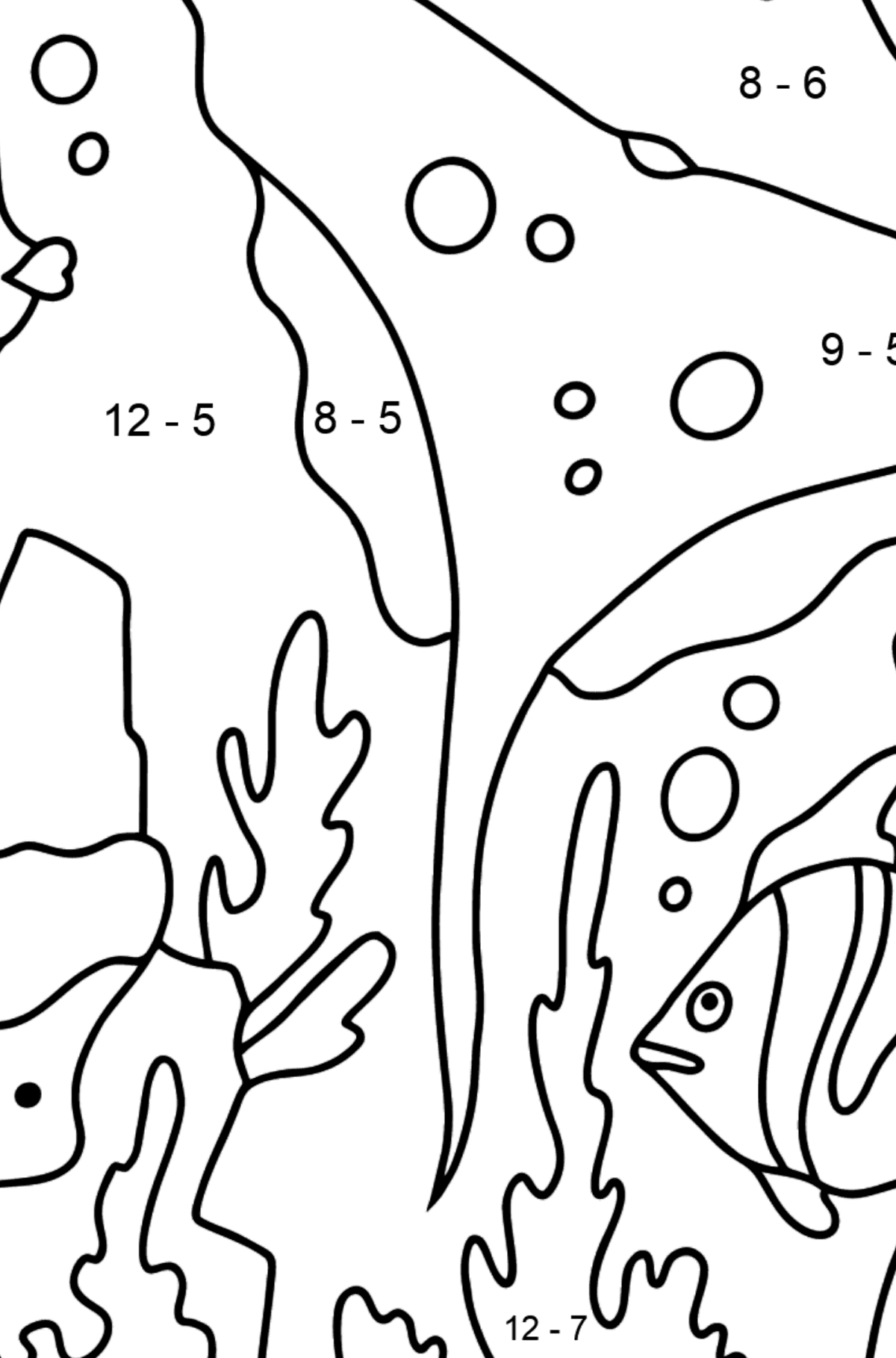 Ausmalbild Fische und Rochen (einfach) - Mathe Ausmalbilder - Subtraktion für Kinder