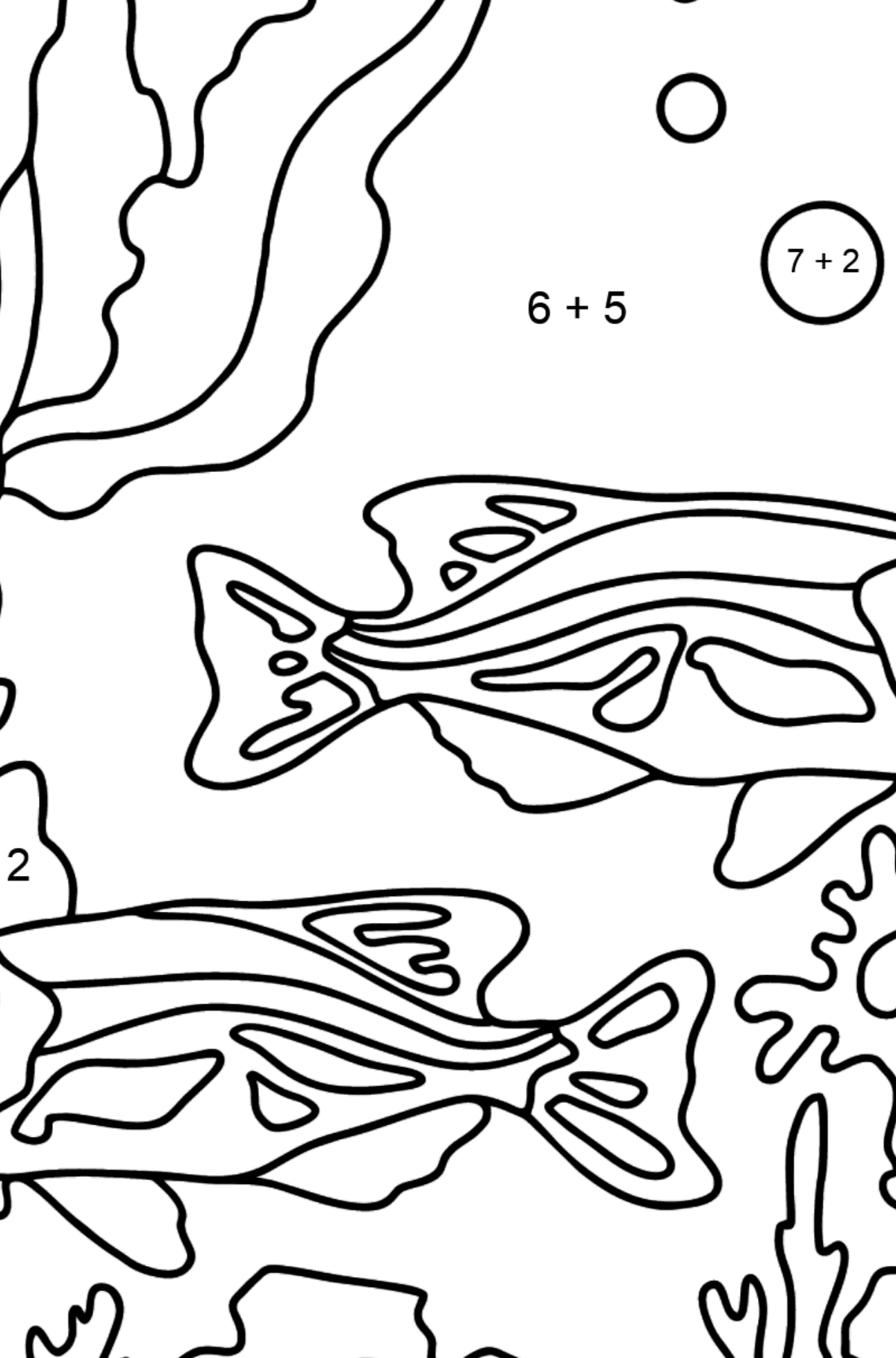 Tegning til fargelegging fisketank (enkelt) - Matematisk fargeleggingsside - addisjon for barn