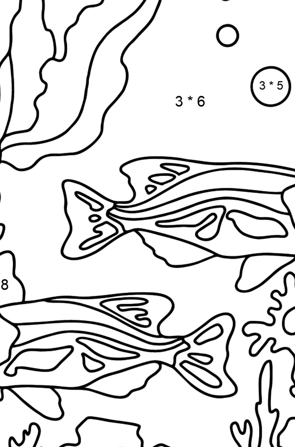 Tegning til fargelegging fisketank (enkelt) - Matematisk fargeleggingsside - multiplisering for barn