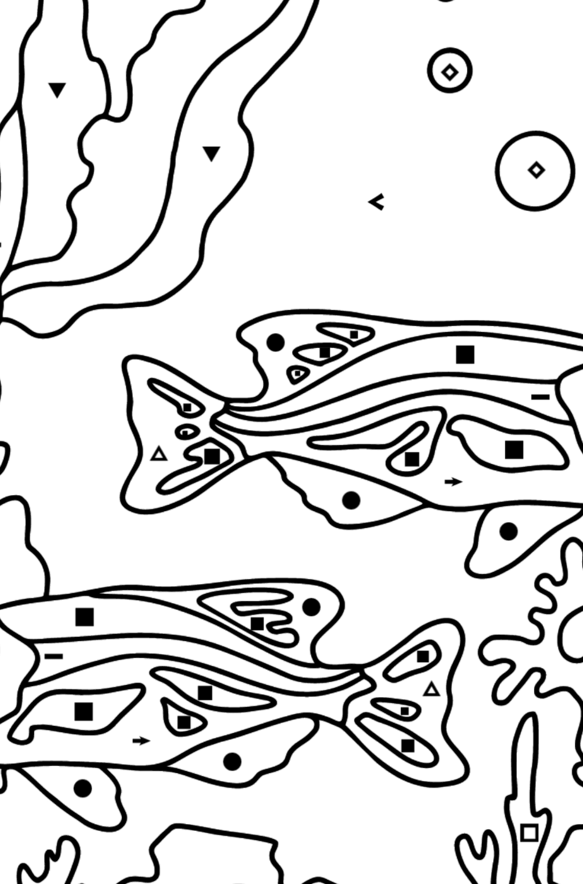 Two Fish Coloring Page - Fish are Swimming Beautifully - Coloring by Symbols for Kids