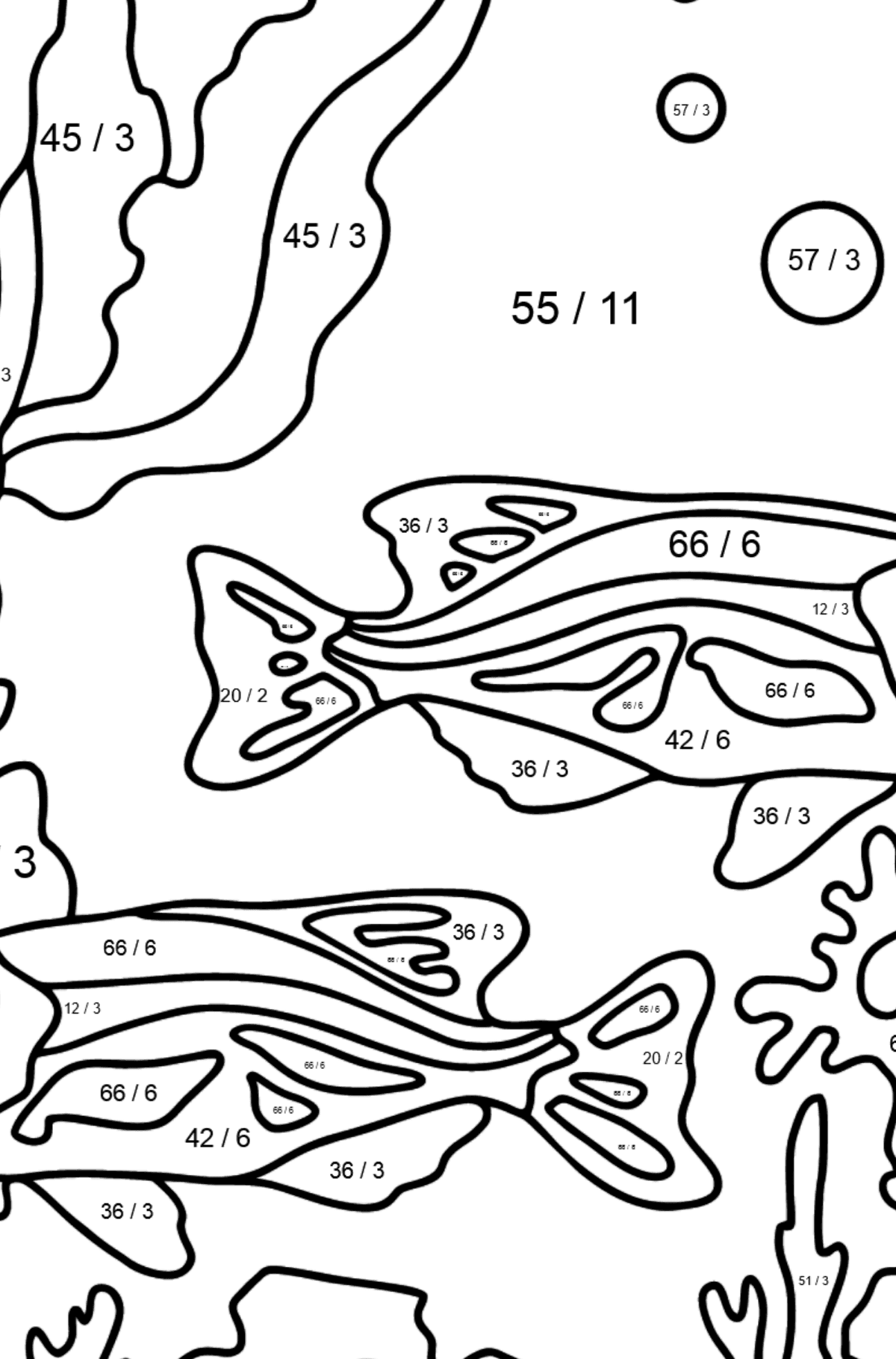 Two Fish Coloring Page - Fish are Swimming Beautifully - Math Coloring - Division for Kids