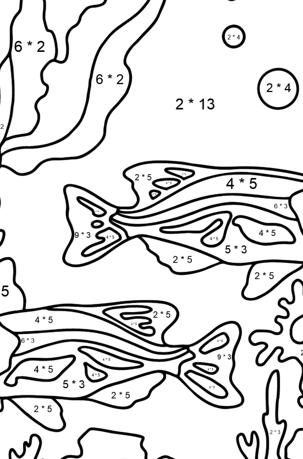 Two Fish Coloring Page - Fish are Swimming Beautifully - Math Coloring - Multiplication for Kids