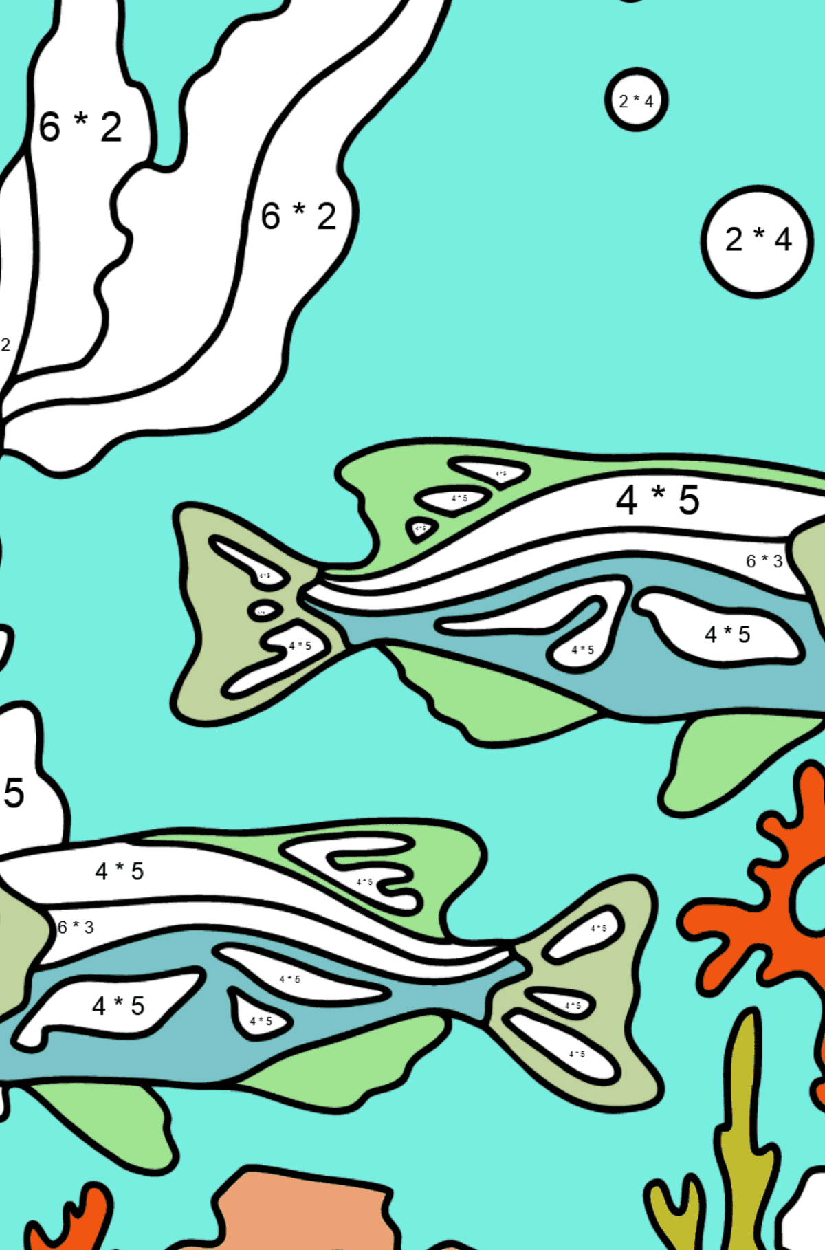 Two Fish Coloring Page - Fish are Swimming Beautifully - Math Coloring - Multiplication for Kids