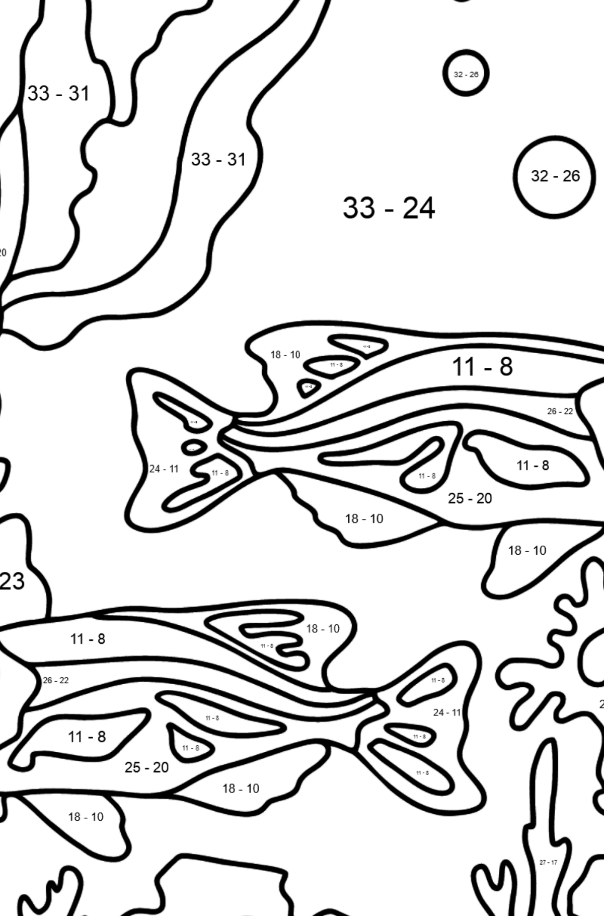 Two Fish Coloring Page - Fish are Swimming Beautifully - Math Coloring - Subtraction for Kids