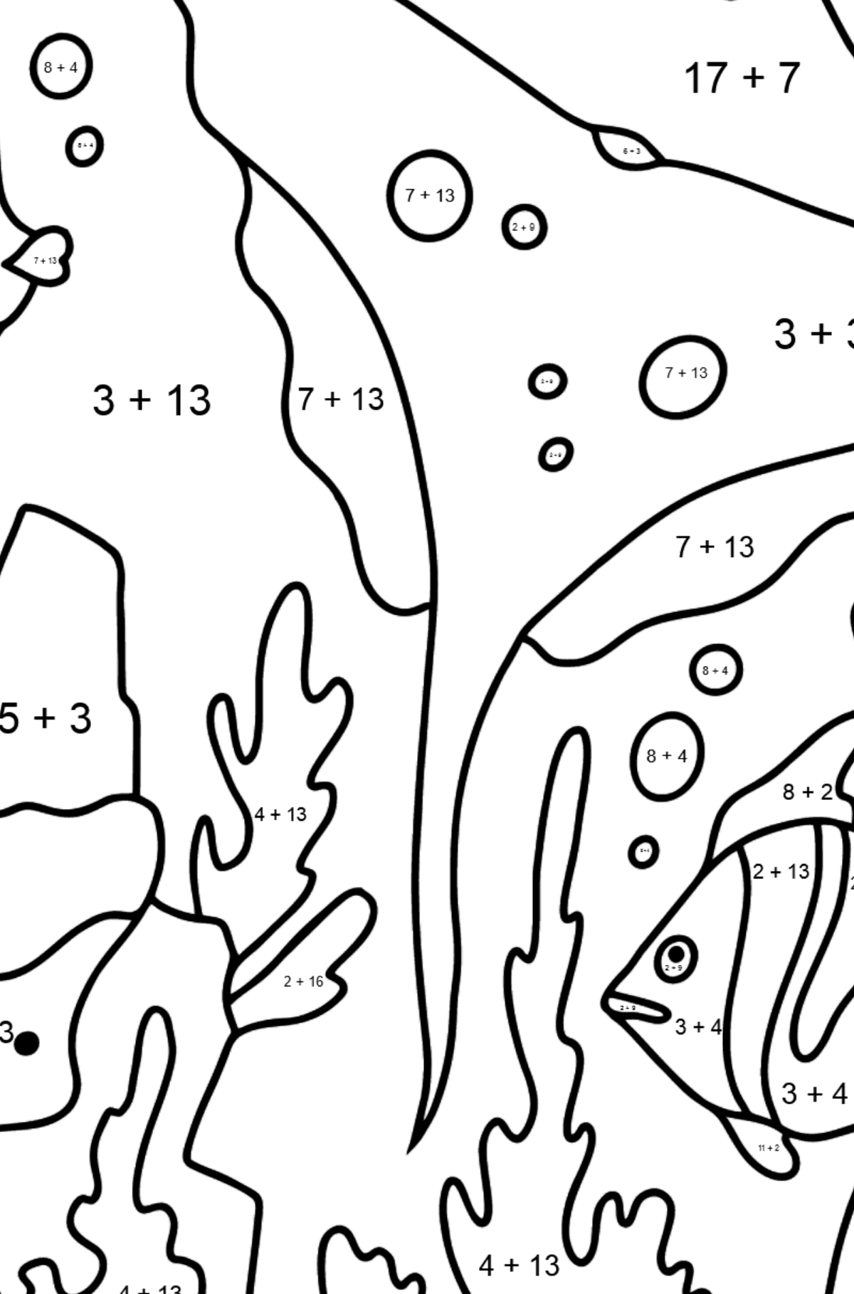 Tegning til fargelegging fisk og en rokke (vanskelig) - Matematisk fargeleggingsside - addisjon for barn