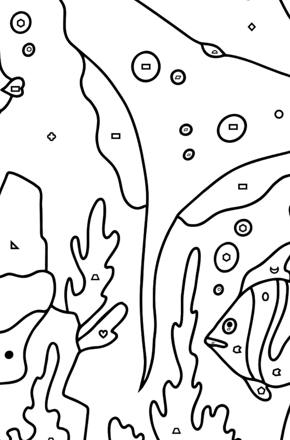 Tegning til fargelegging fisk og en rokke (vanskelig) - Fargelegge etter geometriske former for barn