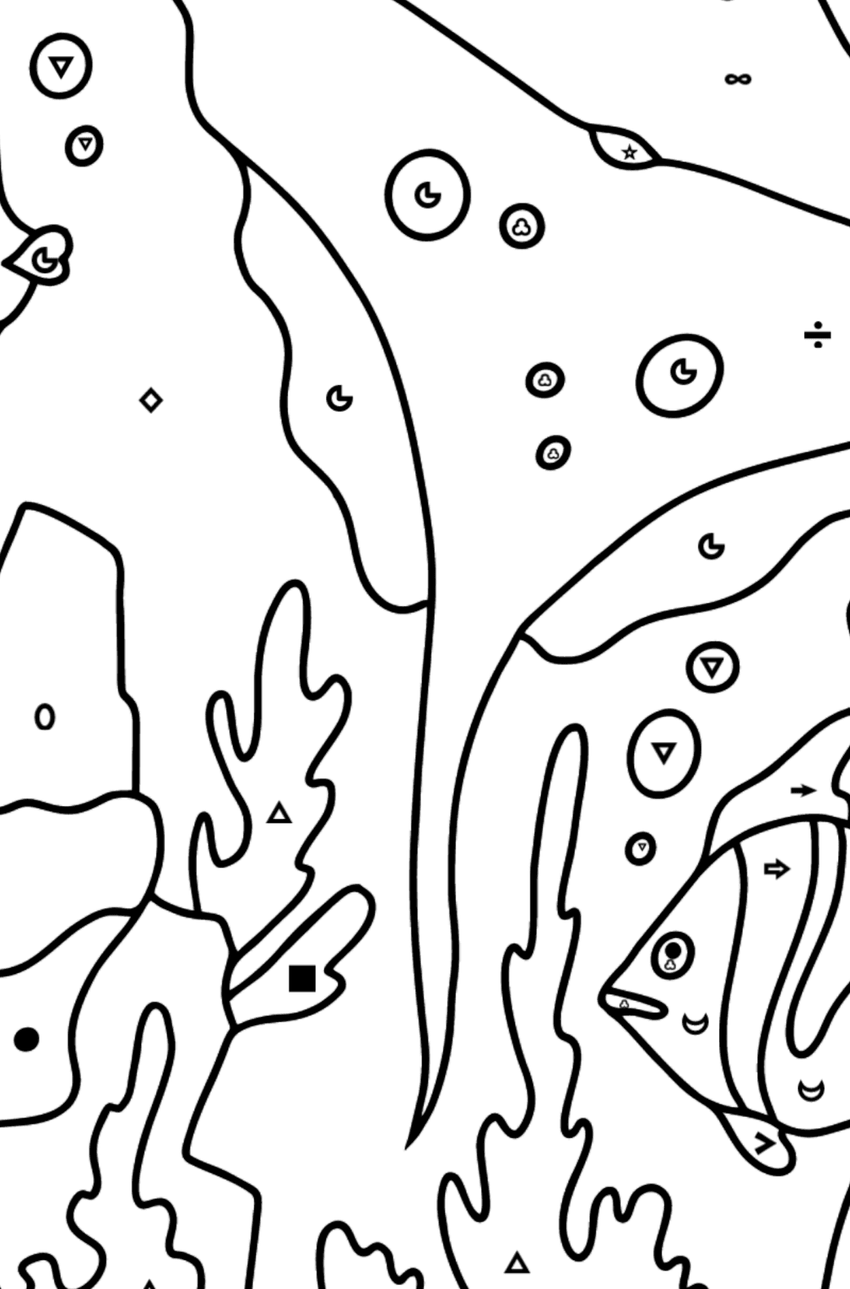 Målarbild fisk och en stingrocka (svår) - Färgläggning efter symboler och av geometriska figurer För barn